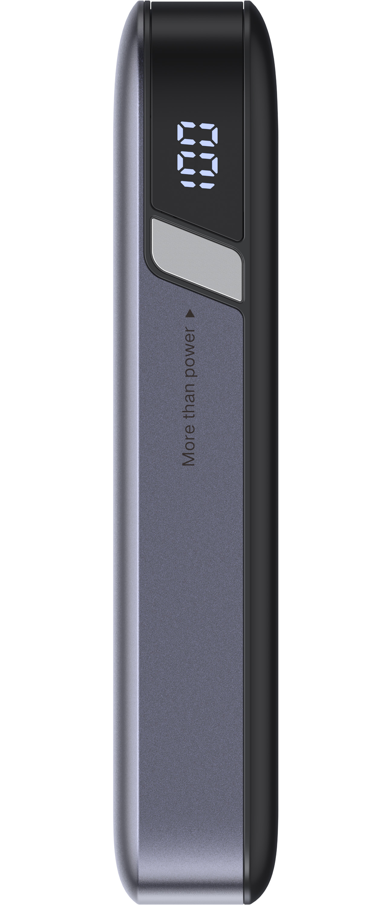 Szare urządzenie power bank z czarną krawędzią i cyfrowym wyświetlaczem.