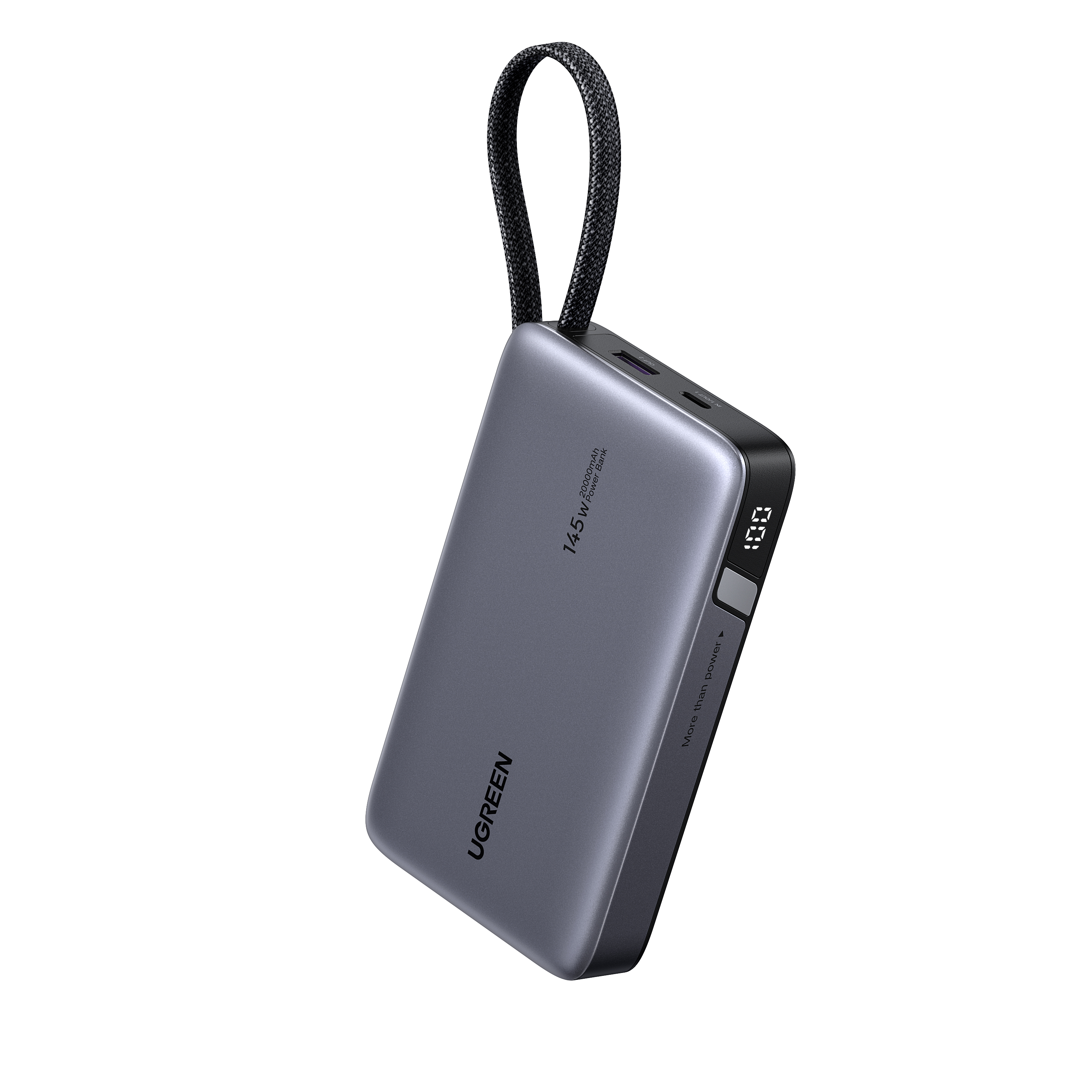 Szary power bank 20000mAh ze sznurkiem i cyfrowym wyświetlaczem.