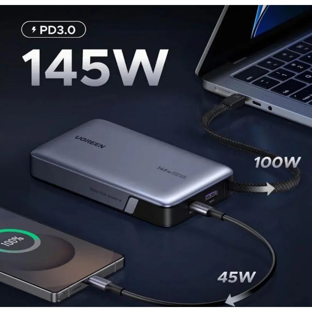 Powerbank 145W ładuje laptop (100W) i telefon (45W) z PD3.0.