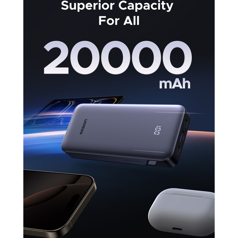 Ciemnoszara powerbanka 20000 mAh obok smartfona i słuchawek.