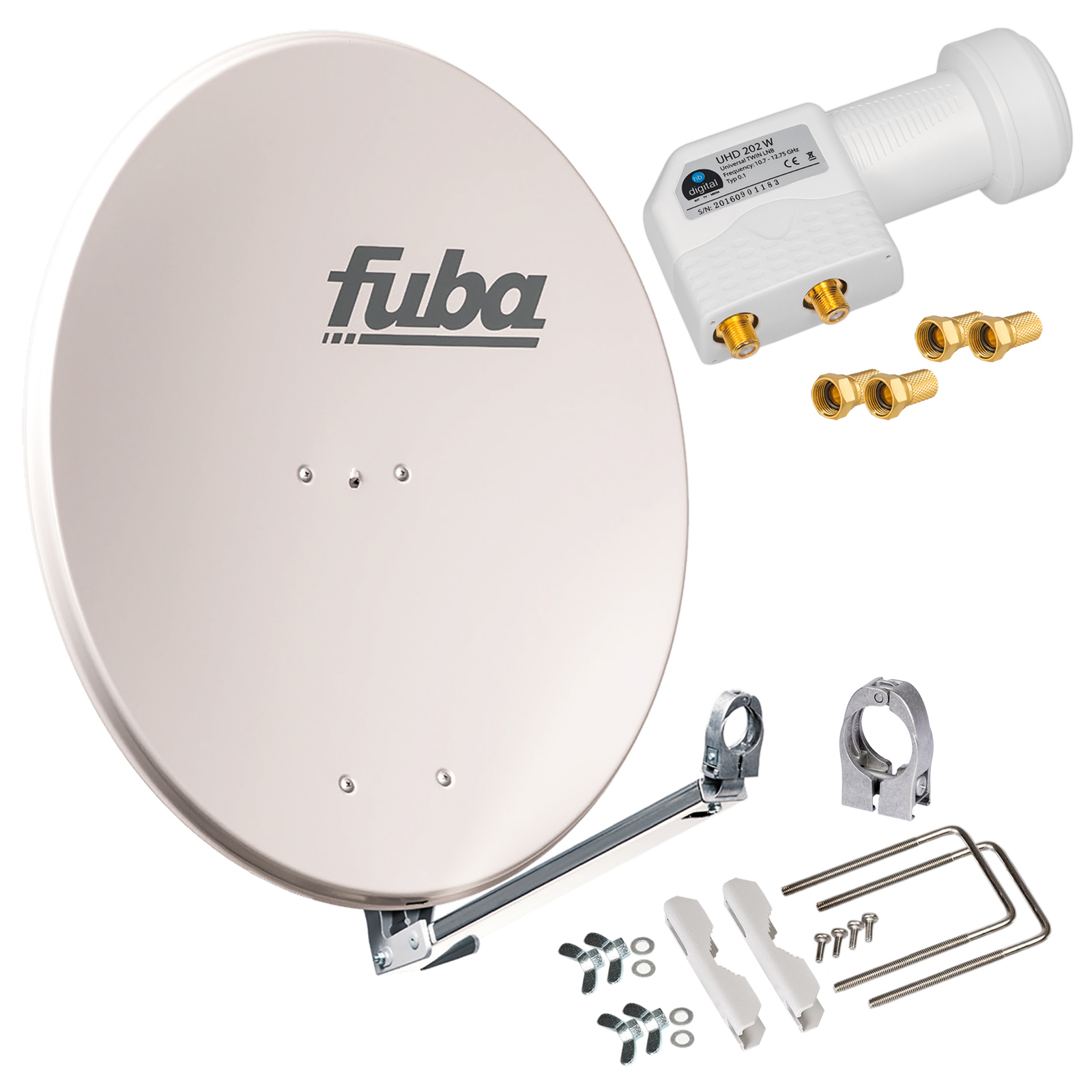 Satellitenschüssel mit LNB, Anschlüssen und Montagematerial auf weißem Hintergrund.