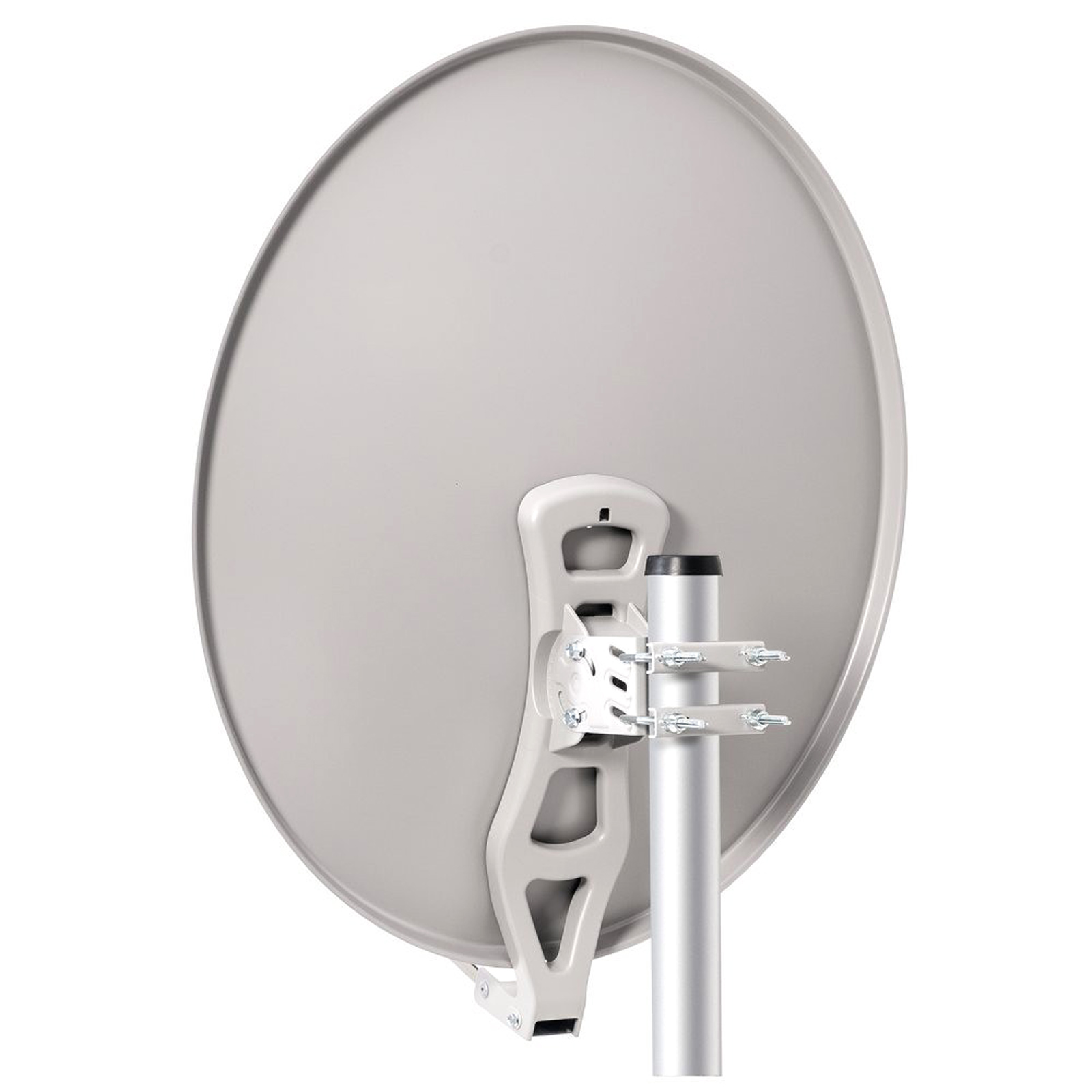 Eine graue Satellitenschüssel mit silberner Halterung und Mast.