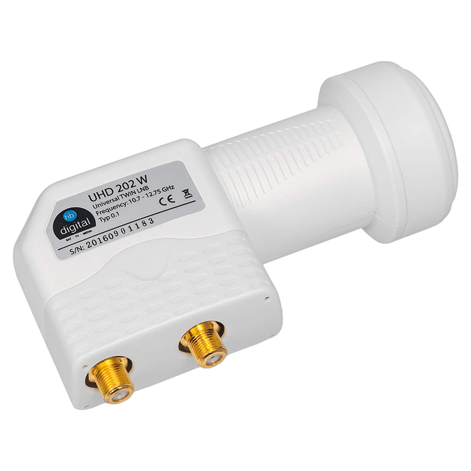 Ein weißer LNB mit zwei goldenen Anschlüssen und Beschriftungen.