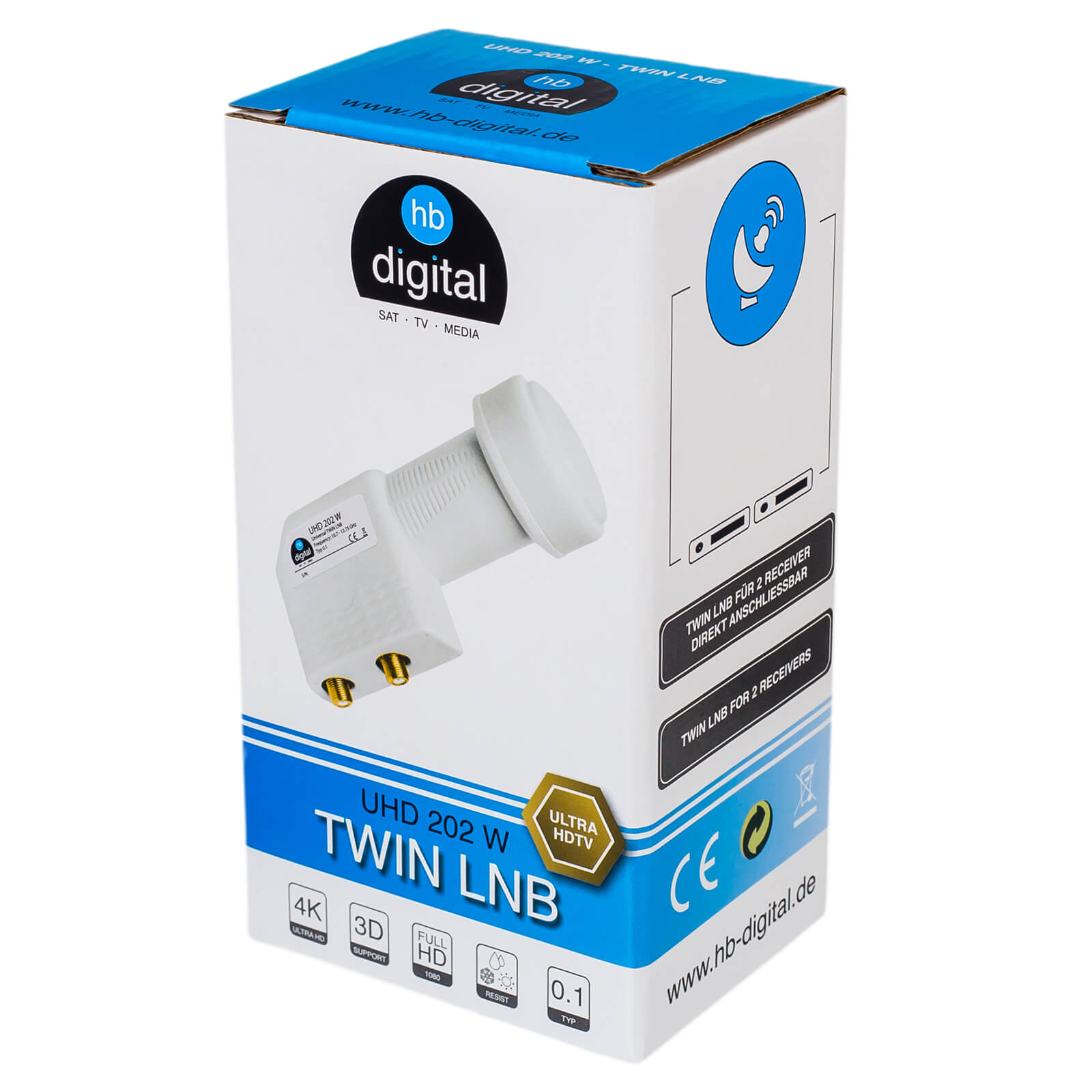 Verpackung für einen Twin LNB mit UHD 202 W, mit Logos und technischen Angaben.