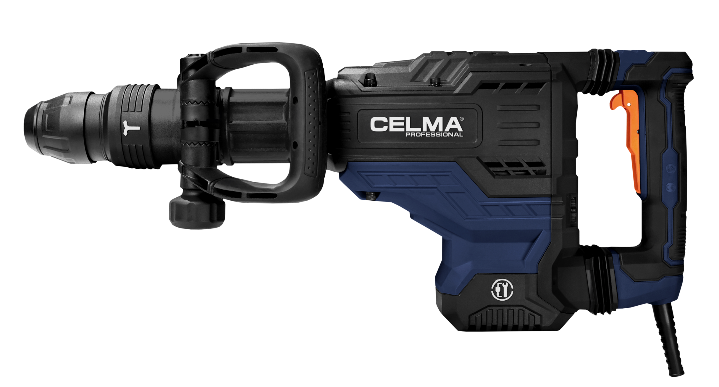 Czarna wiertarka CELMA z niebieskim uchwytem i pomarańczowym spustem na czarnym tle.
