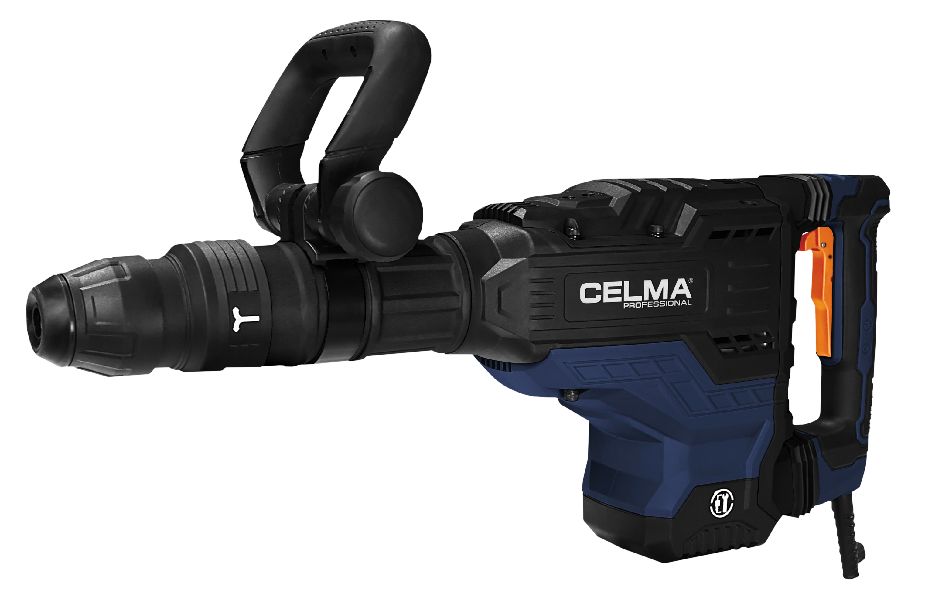 Niebieski i czarny młot wyburzeniowy z rękojeścią pomocniczą i logo CELMA.