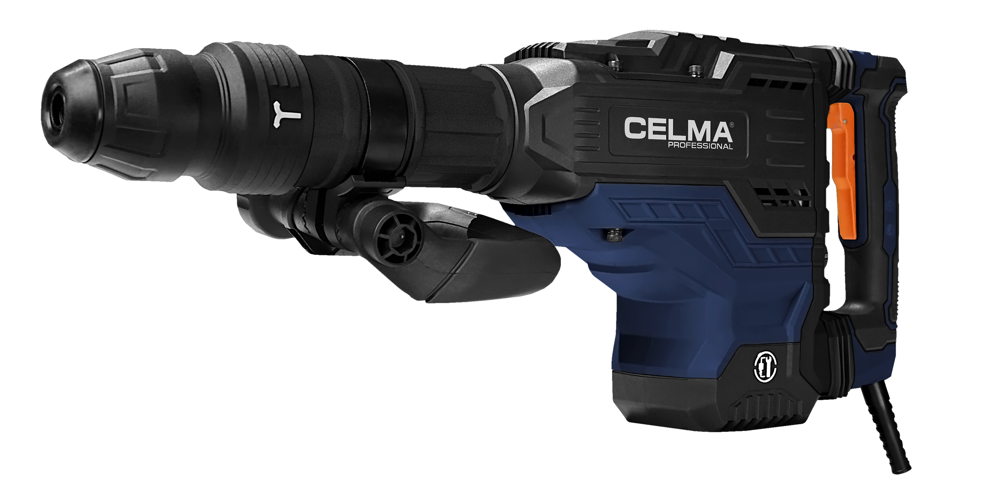 Niebiesko-czarny młot udarowy z pomarańczowym uchwytem, na czarnym tle.