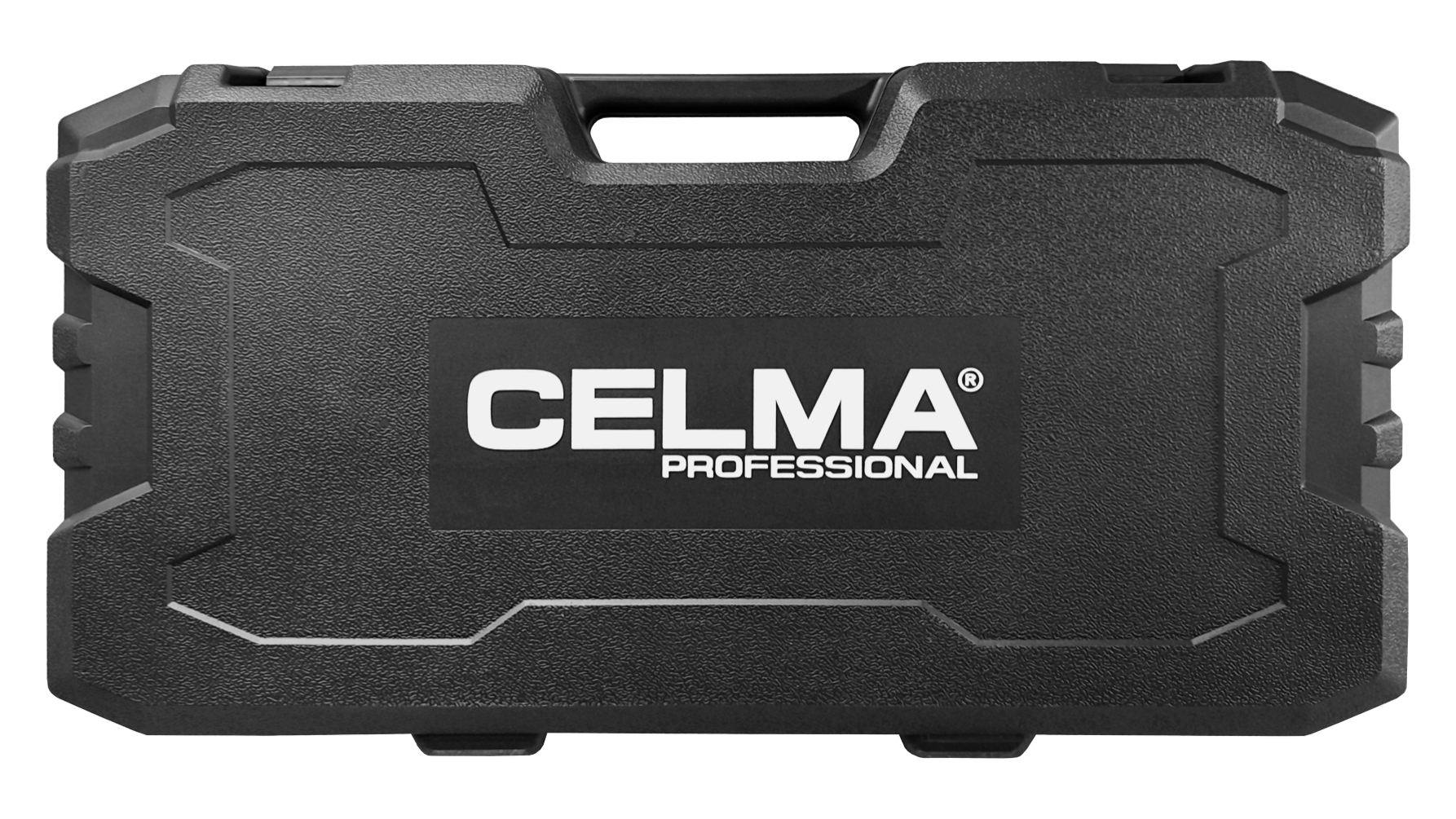 Czarna walizka narzędziowa CELMA PROFESSIONAL z uchwytem i fakturą.