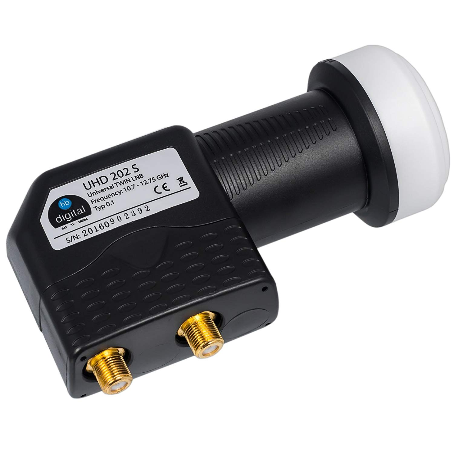 Schwarzer Satelliten-LNB mit zwei goldenen Steckern. Beschriftung: UHD 202 S.