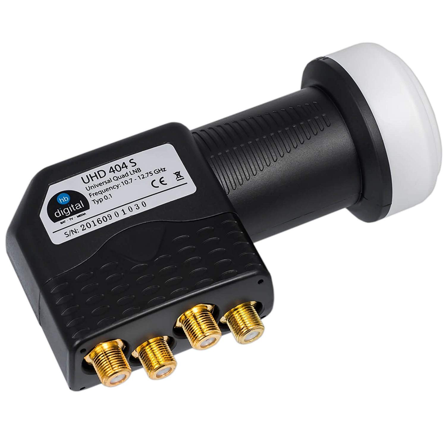 Schwarzer Universal Quad LNB mit vier goldenen F-Anschlüssen und weißer Endkappe.