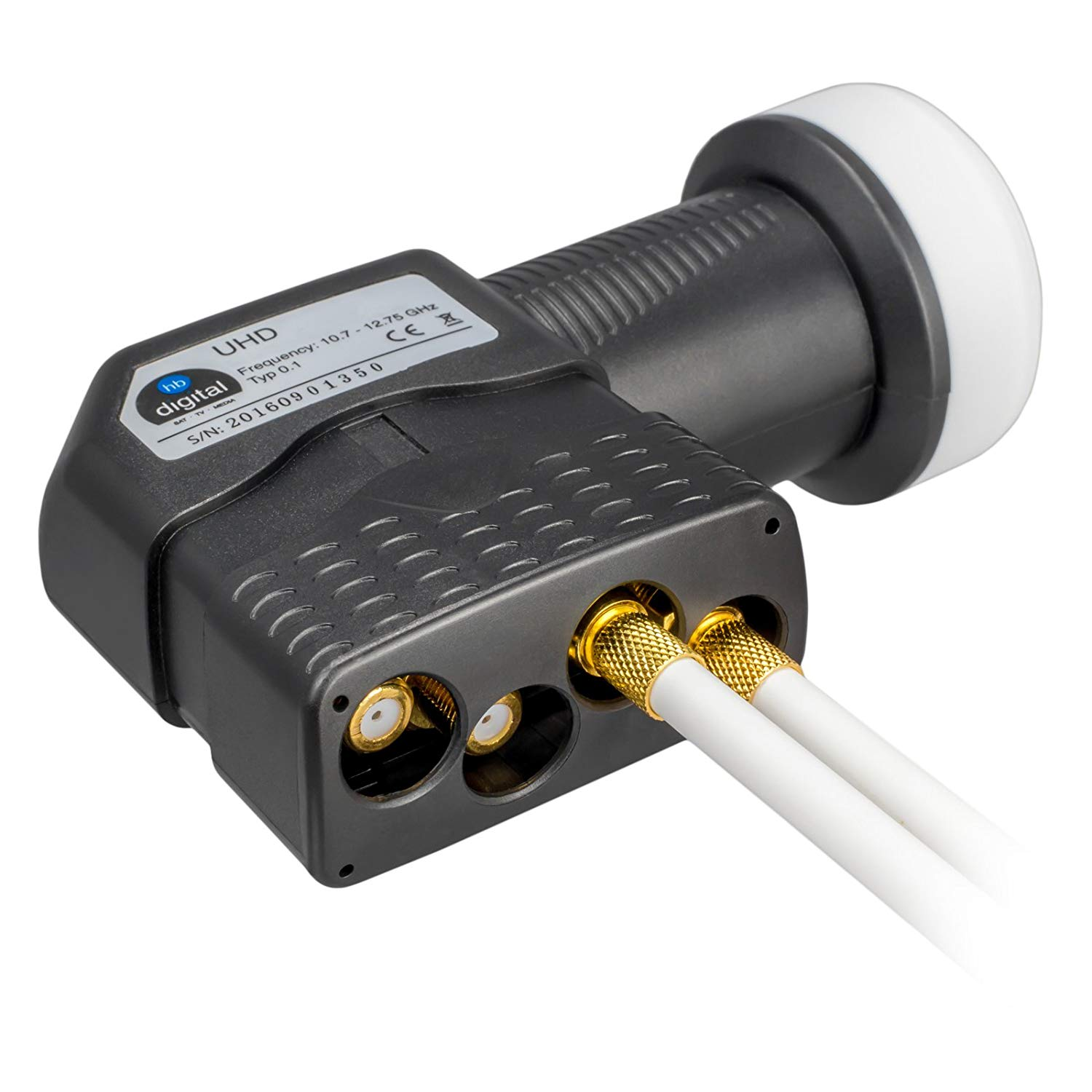 Ein schwarzer LNB mit weißen Kabeln, beschriftet mit 'UHD' und Frequenzdaten.