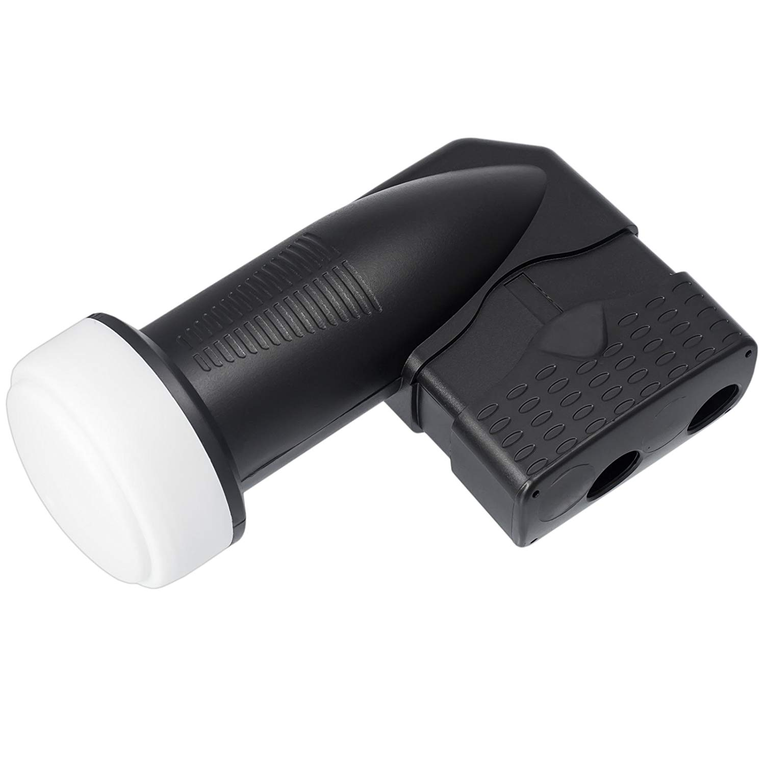 Ein schwarzer LNB mit weißer Kappe und zwei Anschlüssen.