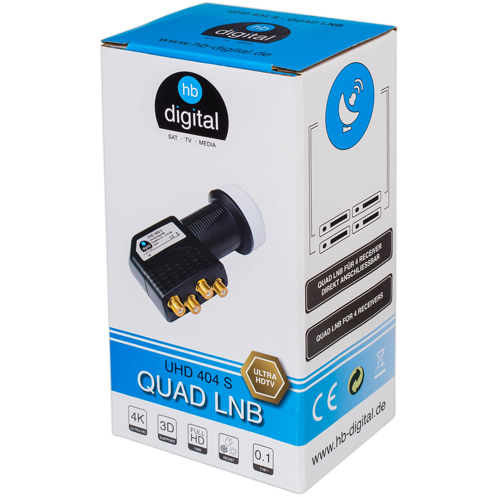 Verpackung für einen Quad LNB mit Satelliten-Symbol, Produktinformationen und Anschlüssen.