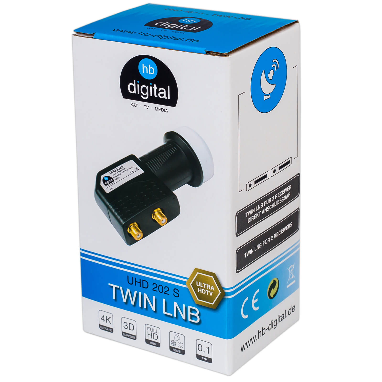 Verpackung eines schwarzen Zwillings-LNB für 2 Receiver mit goldenen Anschlüssen.