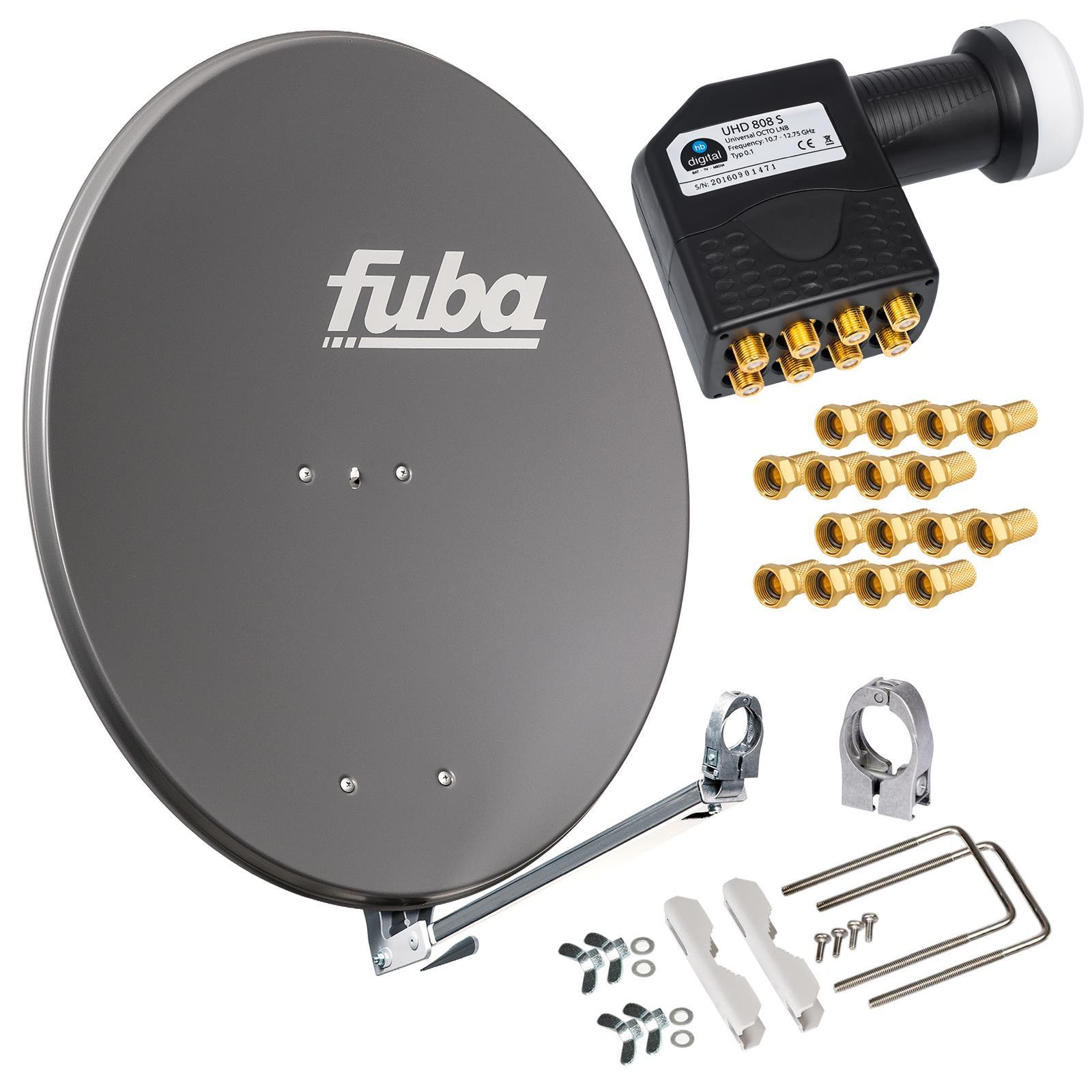 Eine Satellitenschüssel mit LNB, Anschlüssen und Befestigungsteilen.