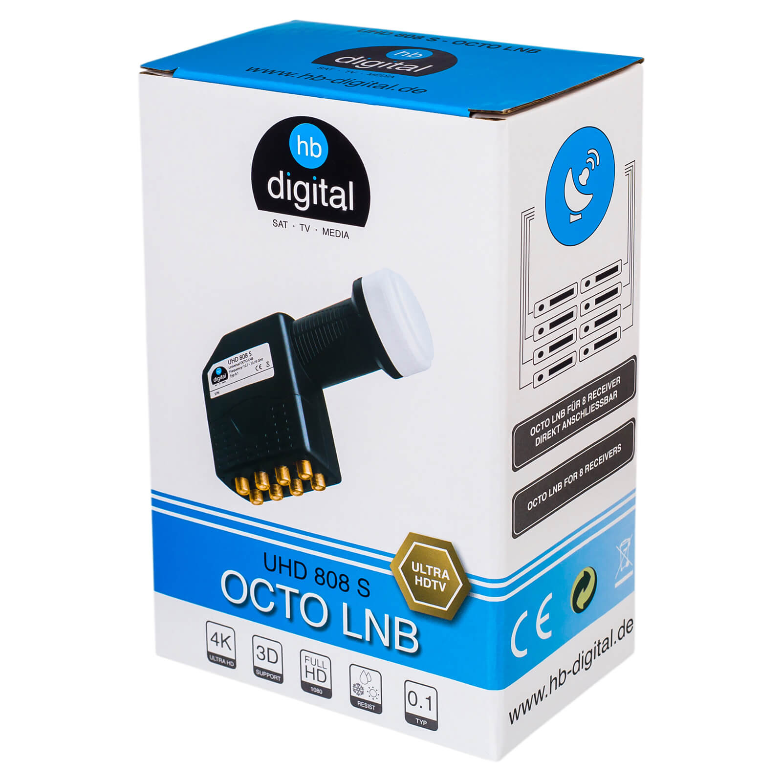 Verpackung für einen Octo LNB von HB-Digital mit Produktbild und Spezifikationen.