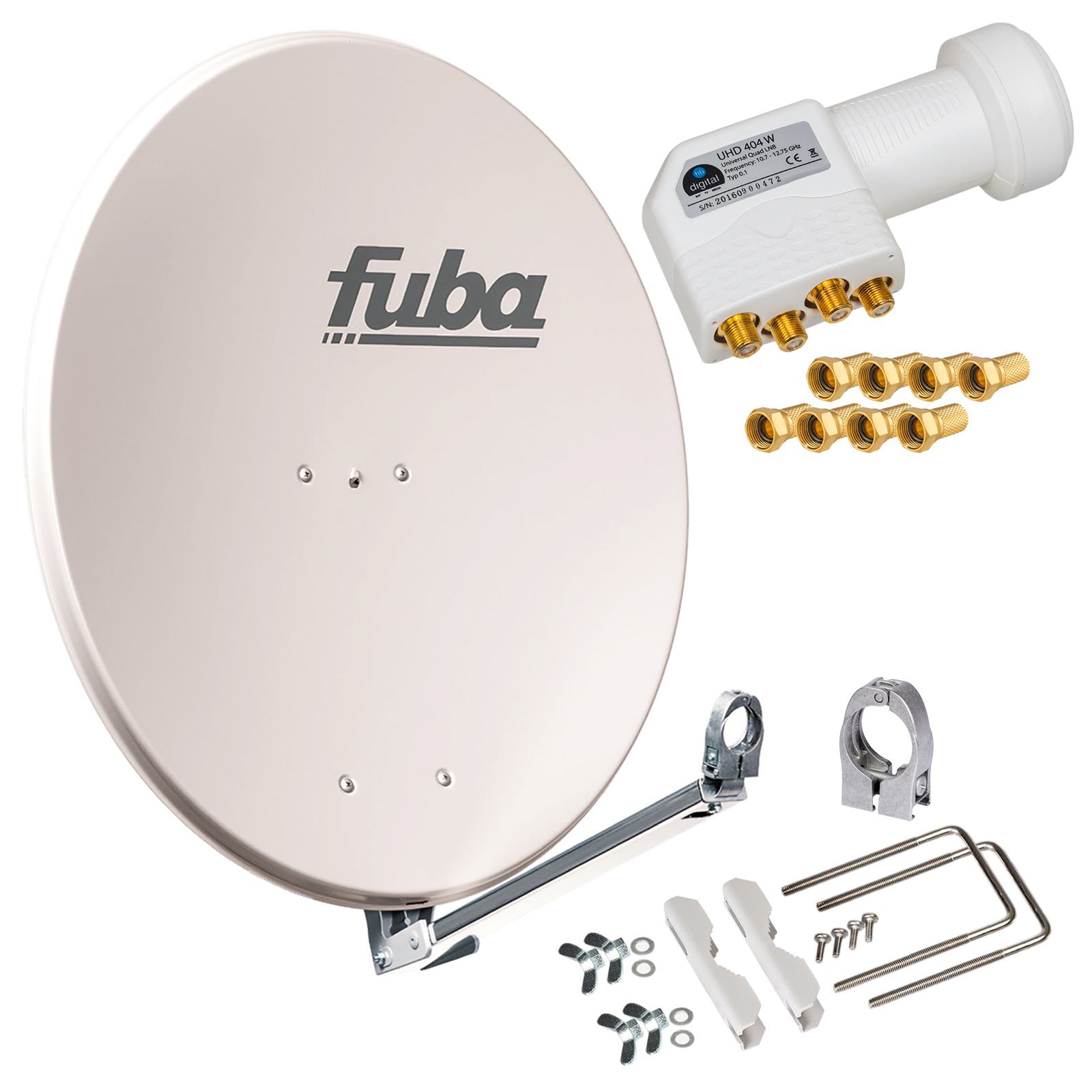 Fuba Satellitenschüssel mit LNB, Anschlüssen und Montagezubehör.