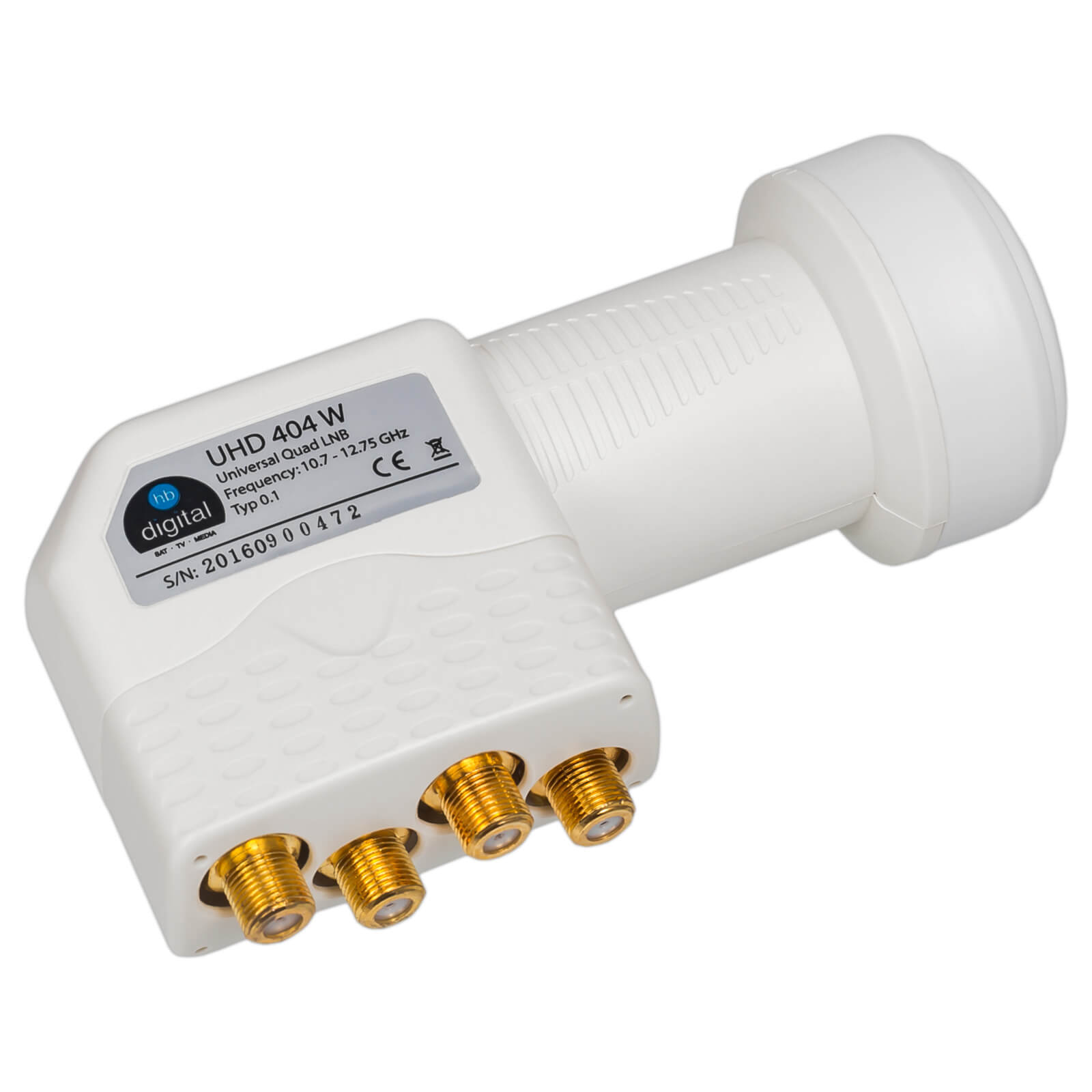 Weißer LNB mit vier goldenen Anschlüssen und Beschriftung.
