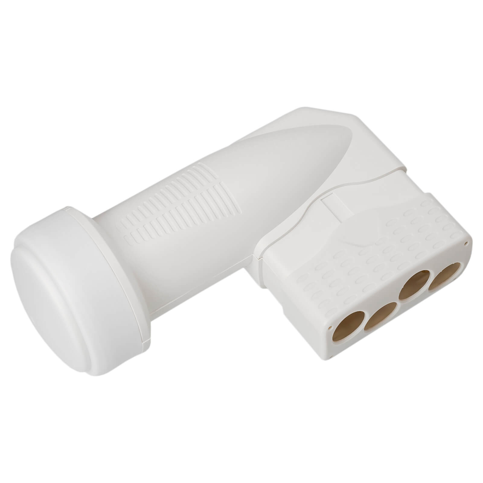Ein weißer LNB für Satellitenantennen mit vier Anschlüssen.