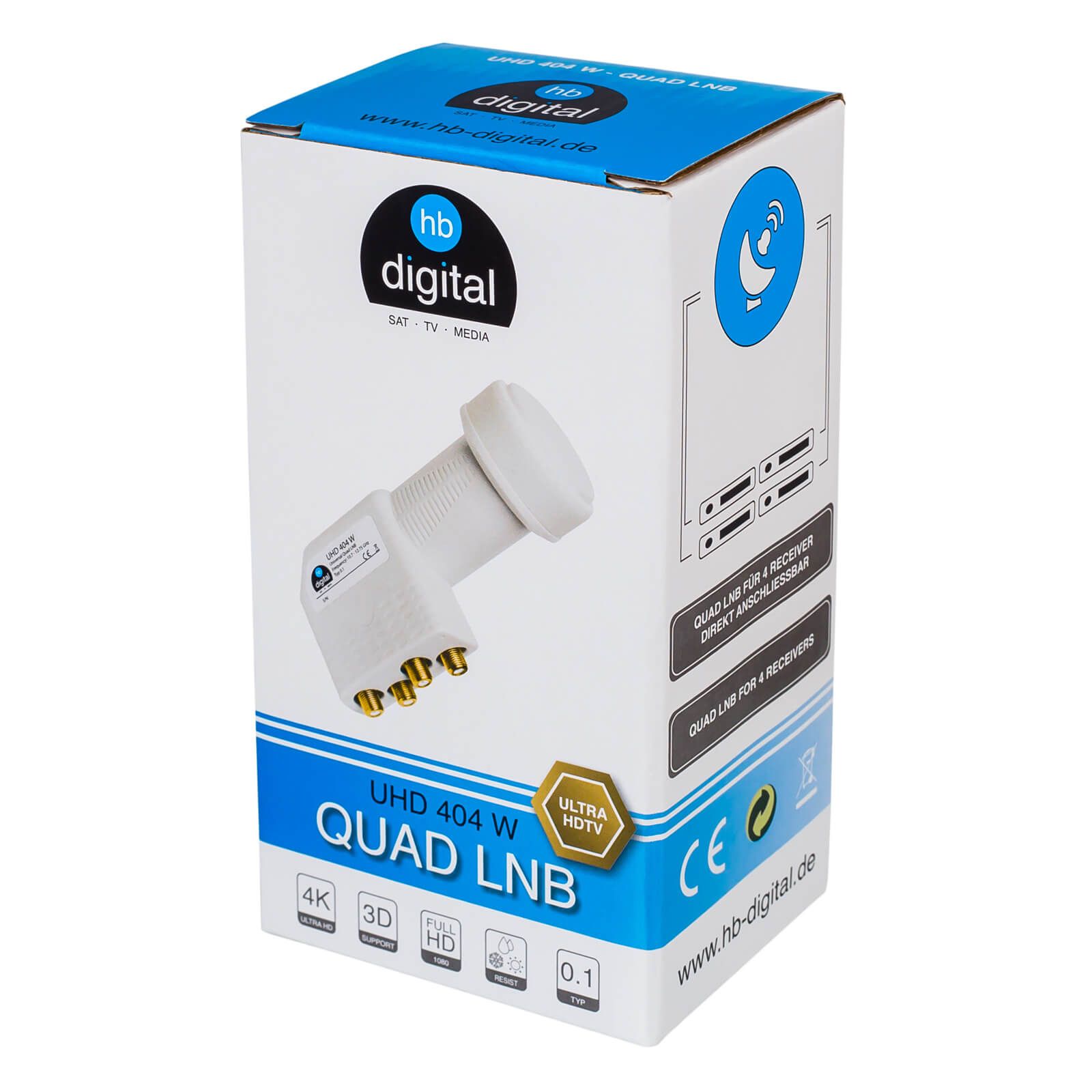 Verpackung für einen Quad LNB mit Satelliten-Symbol. Text: UHD 404 W.