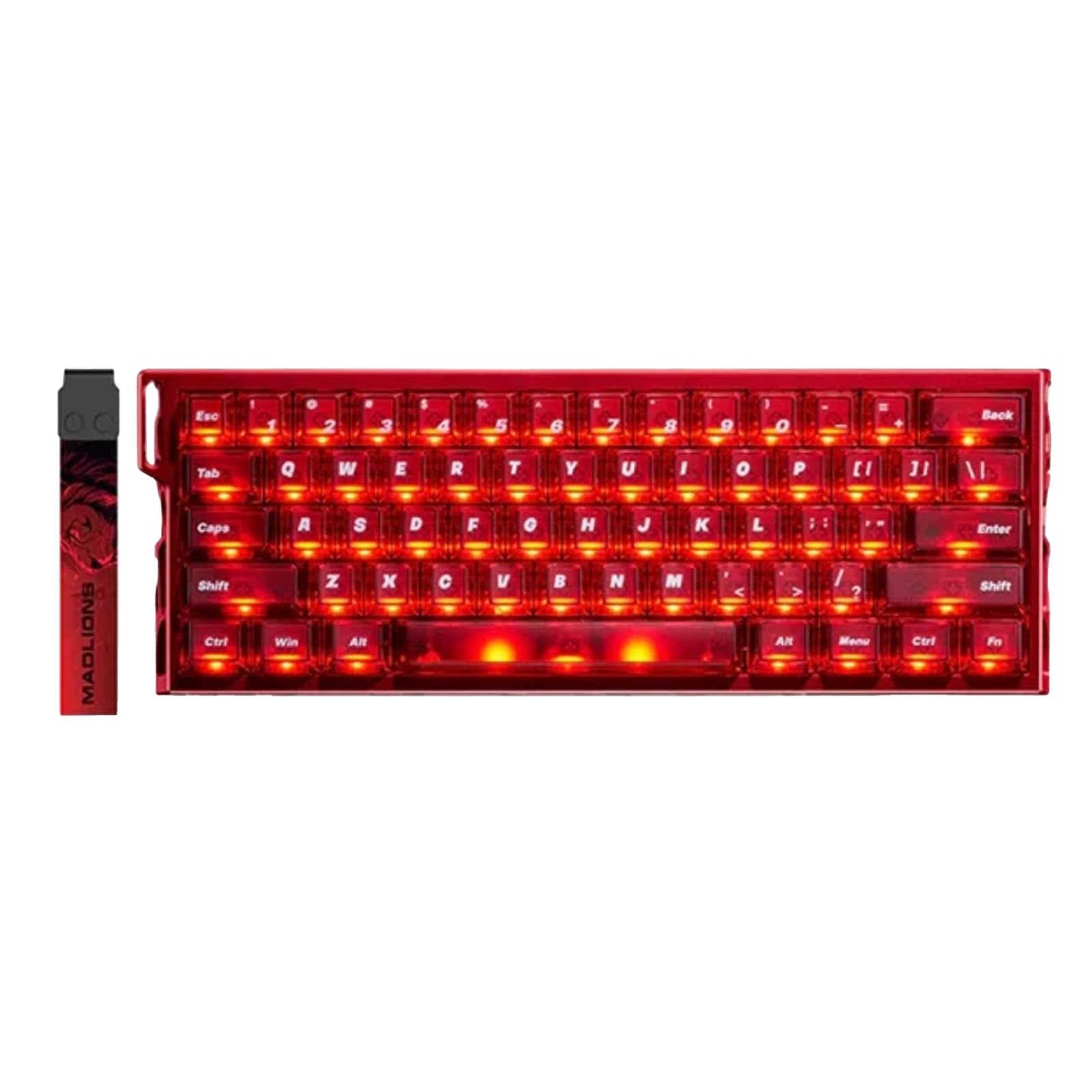 A red keyboard with illuminated keys and a black object on the left labeled MADLIONS.