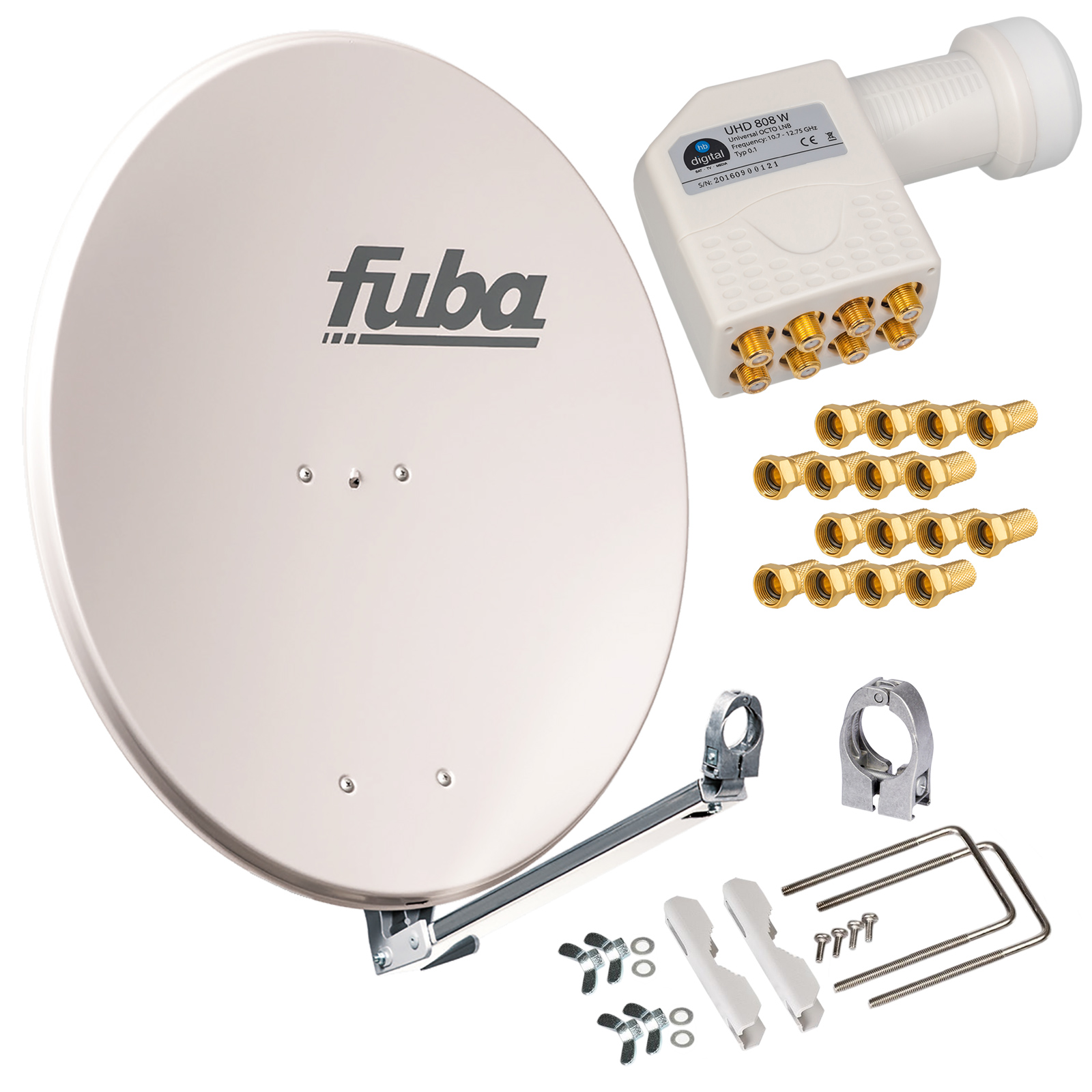 Satellitenschüssel mit LNB, Anschlüssen und Montagematerial.