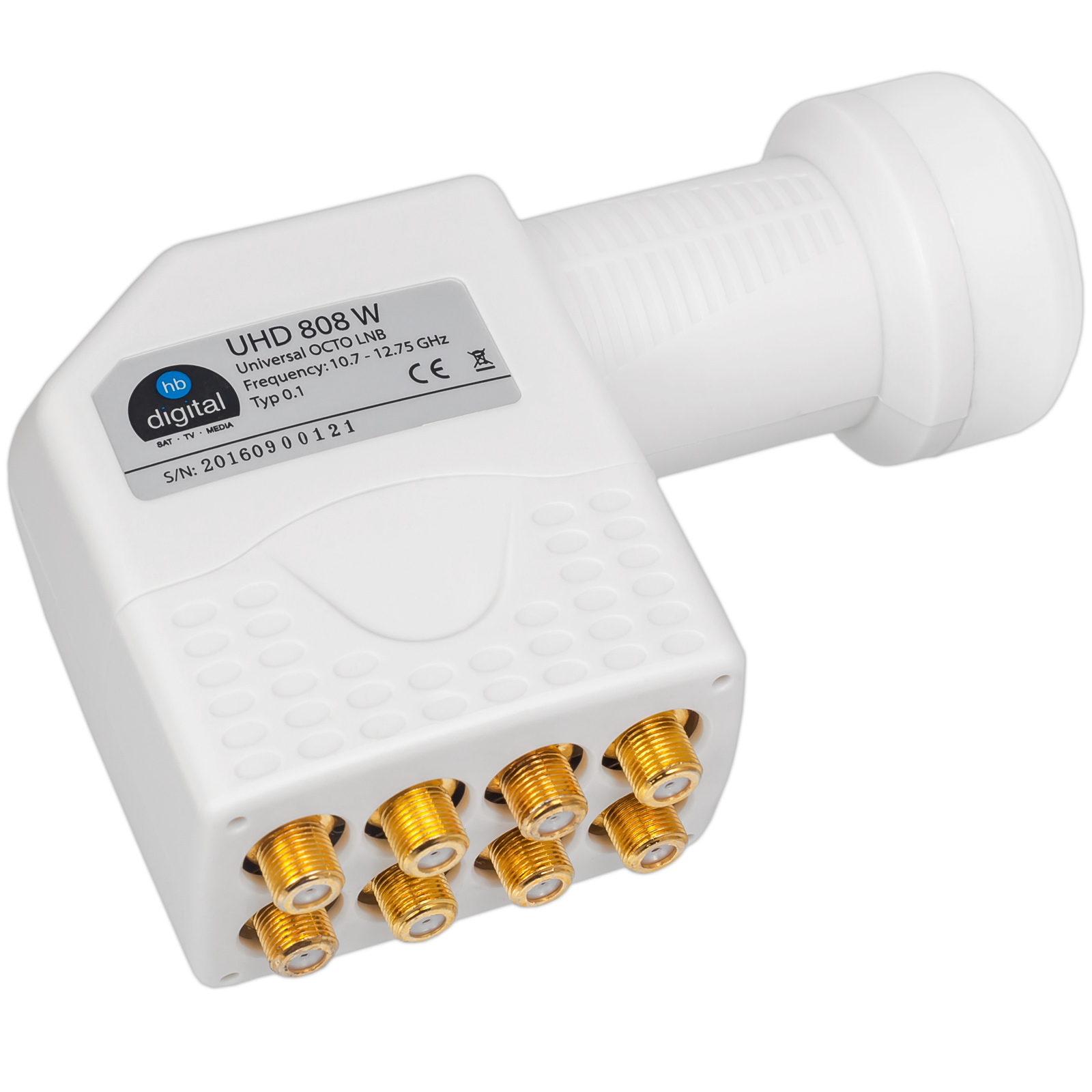 Ein weißer LNB mit 8 goldenen Anschlüssen und Beschriftung.