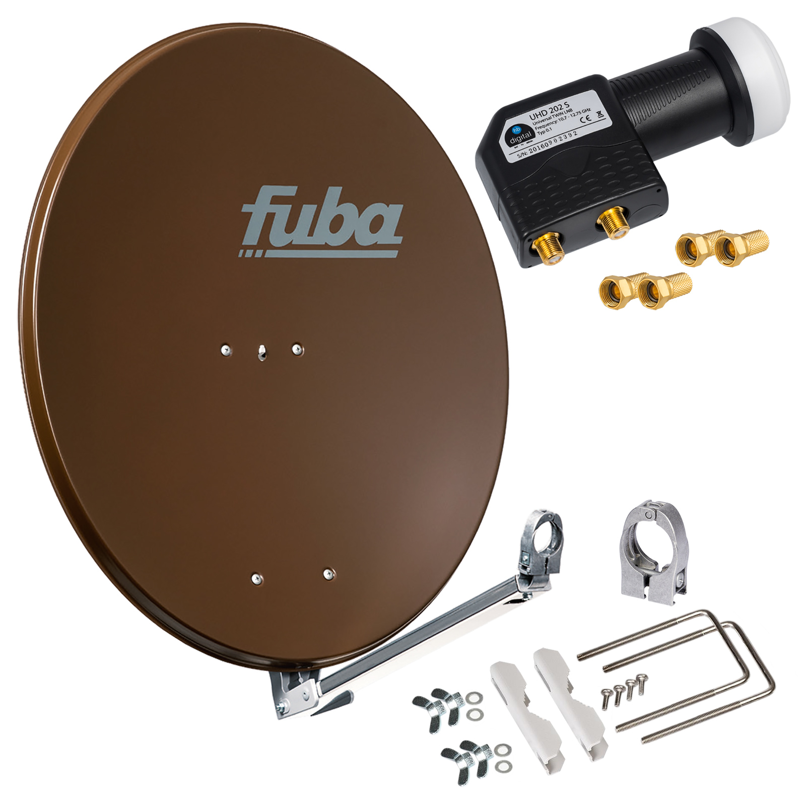 Braune Fuba Satellitenschüssel mit LNB, Konvertern und Montagematerial.