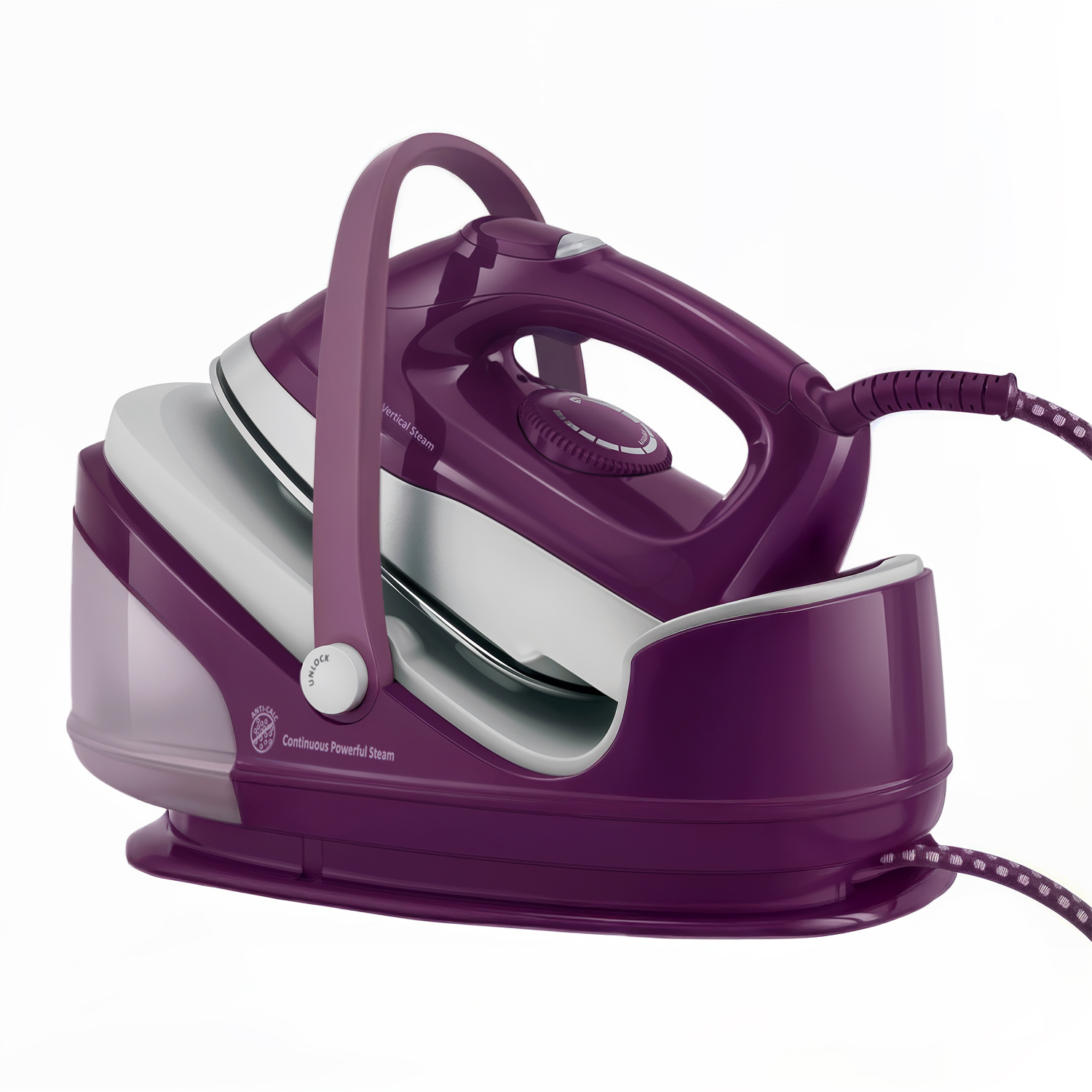 Un ferro da stiro a vapore viola con base e tubo su sfondo bianco.