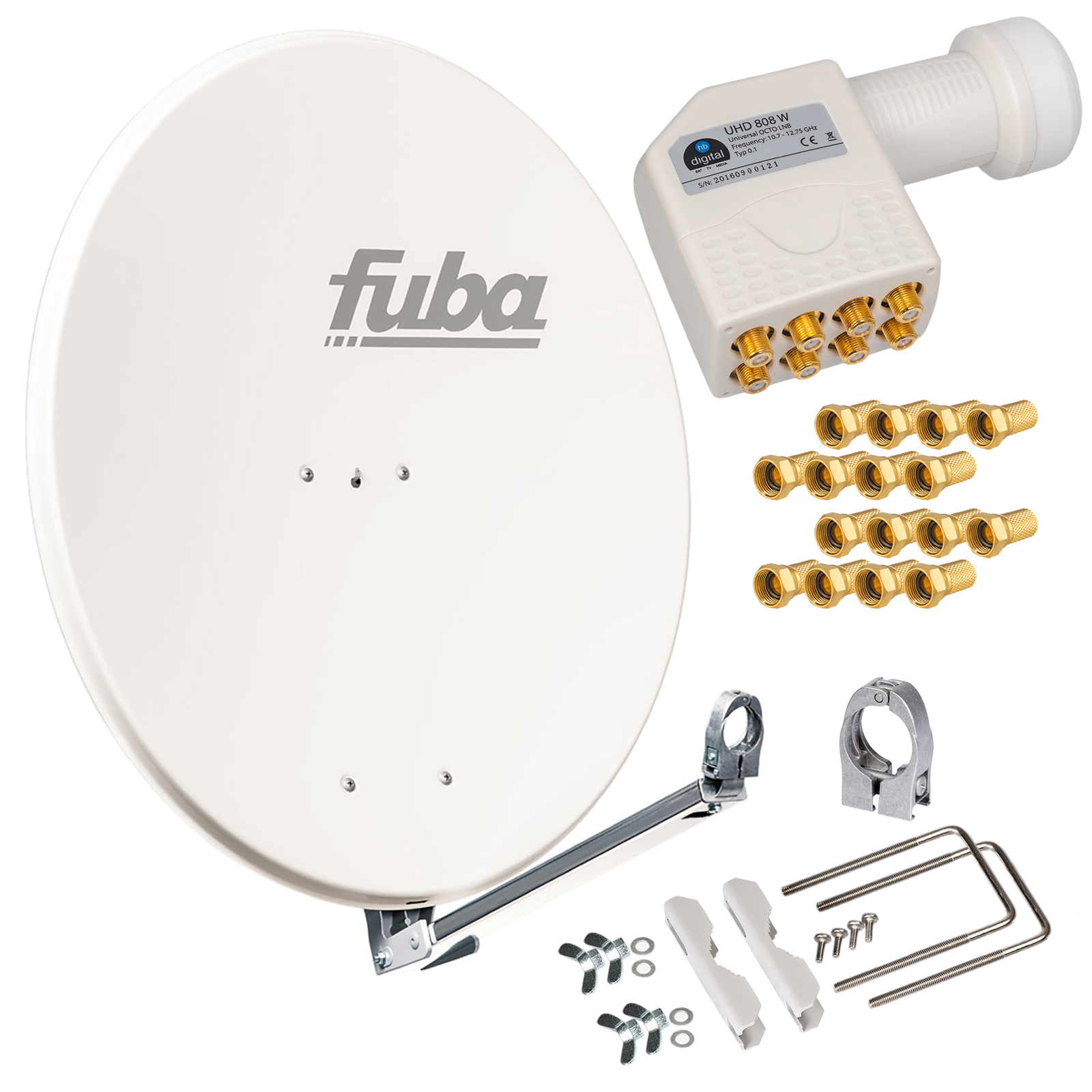 Eine weiße Satellitenschüssel mit LNB, Steckverbindern und Befestigungsmaterial.
