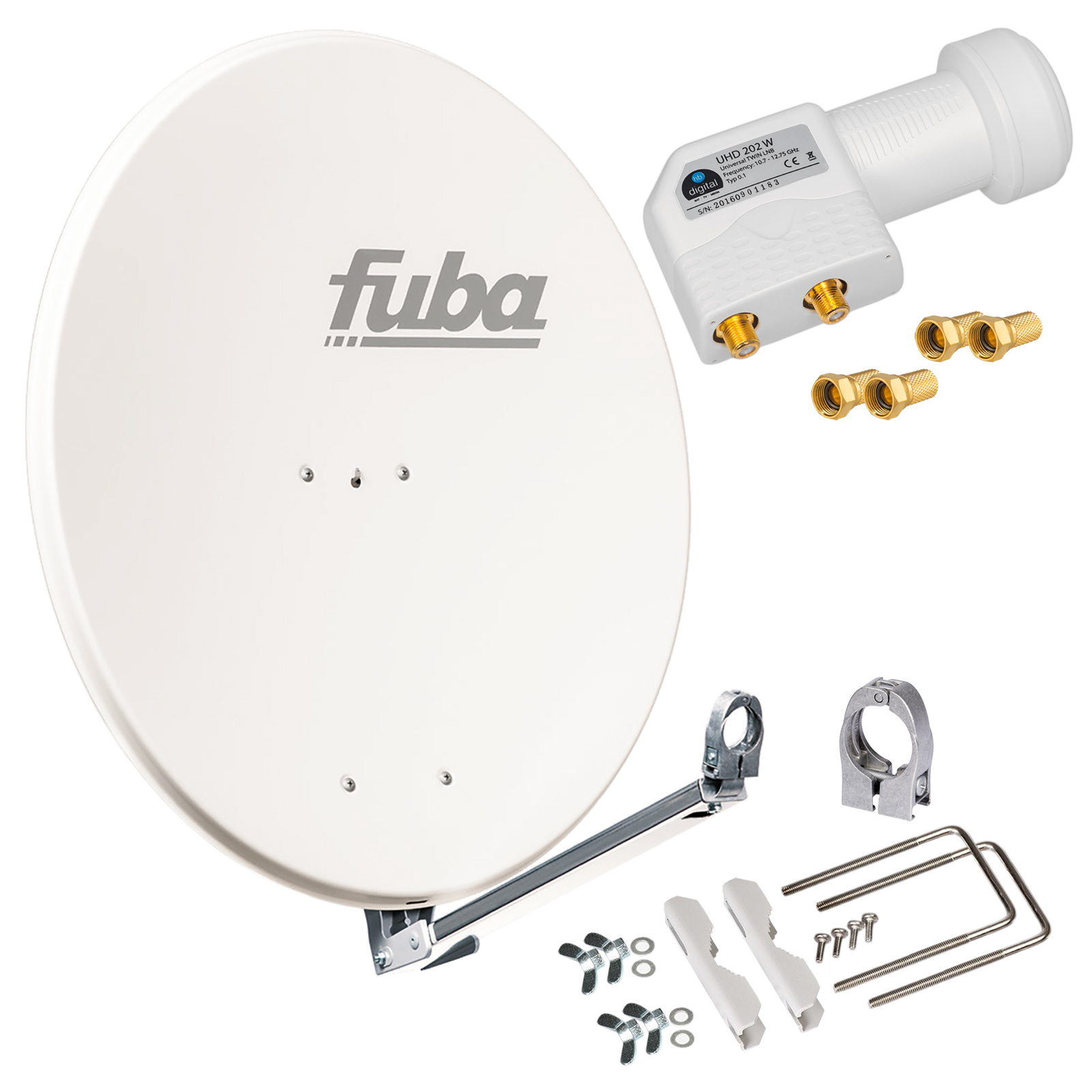 Fuba Satellitenschüssel mit LNB, Konnektoren und Montagezubehör.