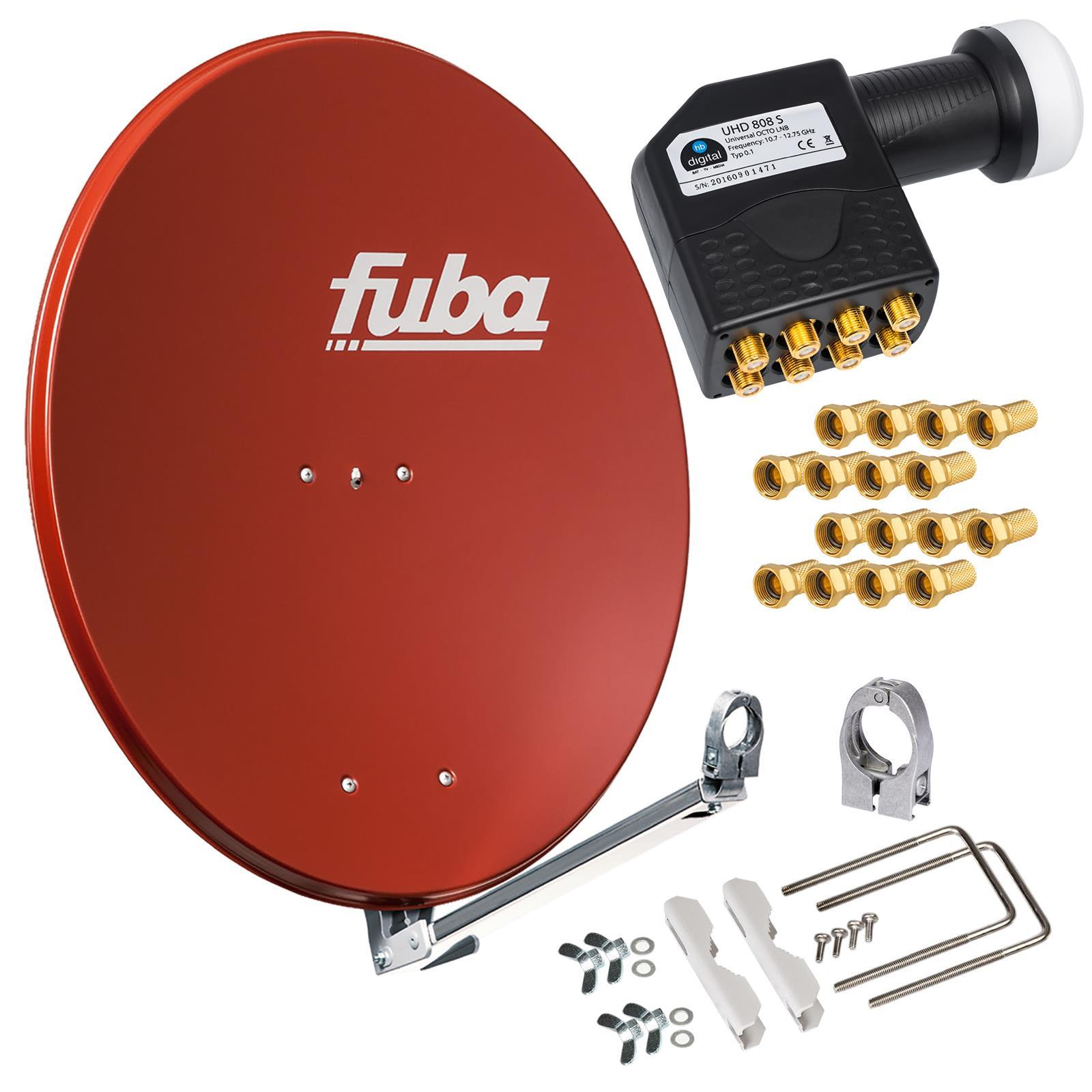 Rote Fuba Satellitenschüssel mit LNB, Konnektoren und Montagematerial.