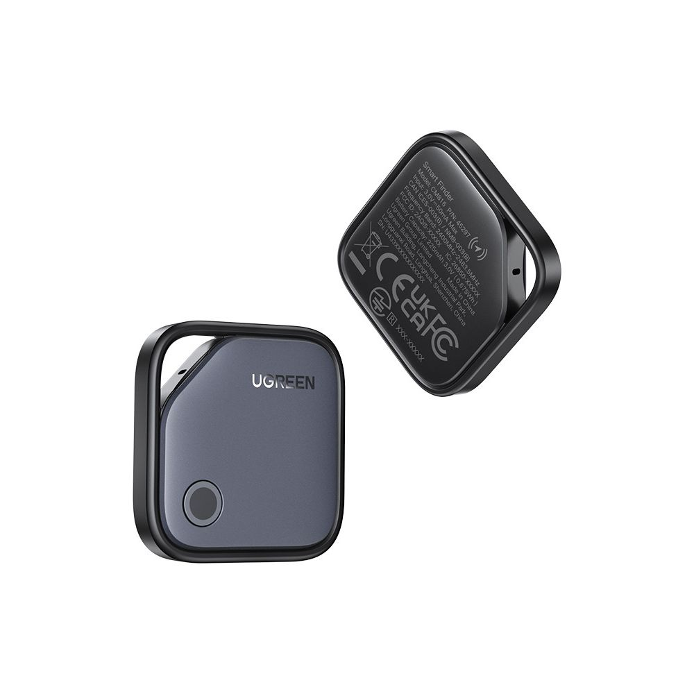 Dwa lokalizatory UGREEN: jeden czarny z przyciskiem, drugi z tekstem i certyfikatami.