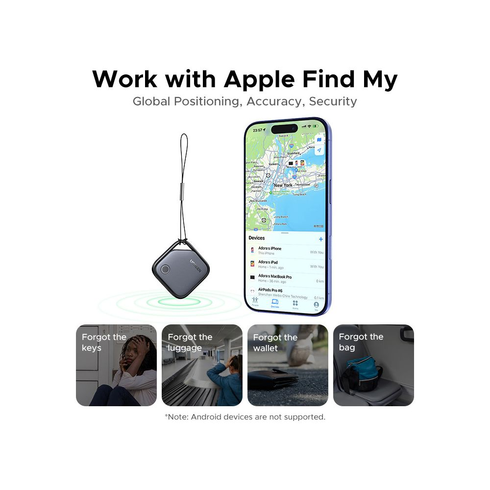 Produkt współpracuje z Apple Find My. Pokazuje lokalizator, telefon z mapą i scenariusze zgubionych przedmiotów.