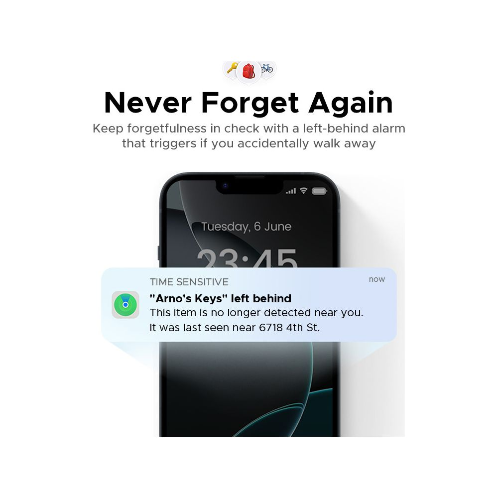 Smartfon wyświetla powiadomienie: "Klucze Arno" pozostawione.