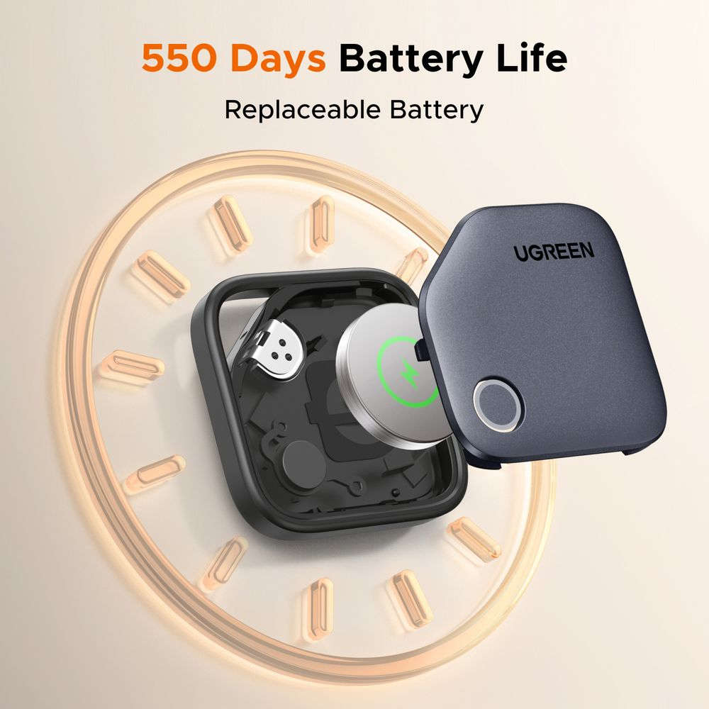 Lokalizator UGREEN z wymienną baterią, oferujący 550 dni żywotności baterii.