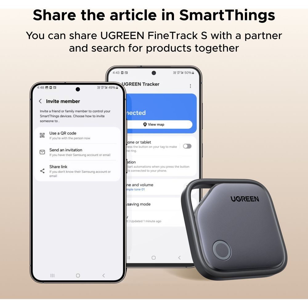 Lokalizator UGREEN obok dwóch smartfonów wyświetlających funkcje aplikacji SmartThings.