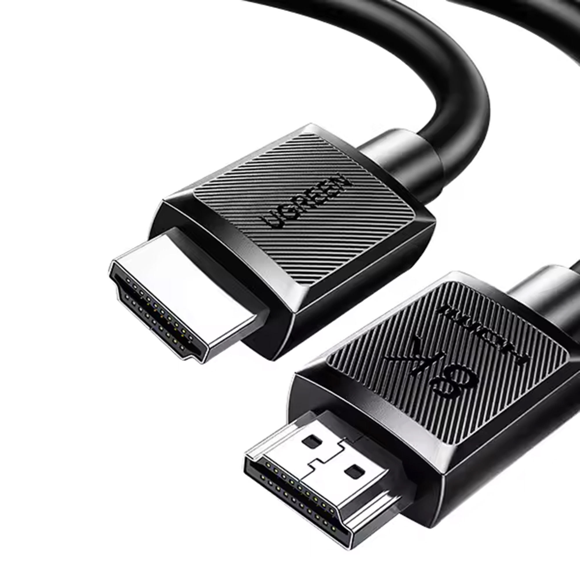Dwa czarne kable HDMI z oznaczeniem 8K na białym tle.