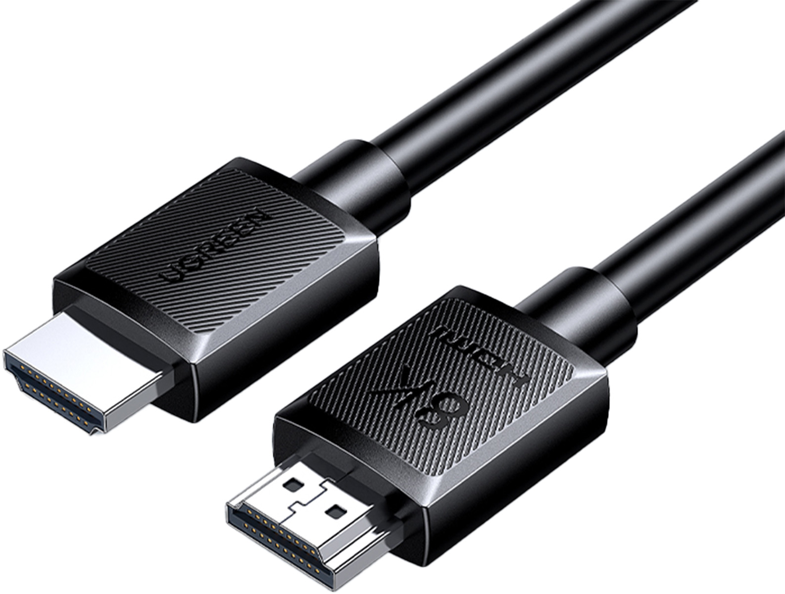 Czarny kabel HDMI z oznaczeniem 8K i teksturowanymi złączami.