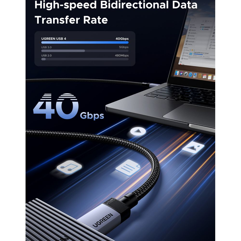 Kabel UGREEN USB 4 podłączony do laptopa, pokazujący porównanie prędkości 40Gbps.