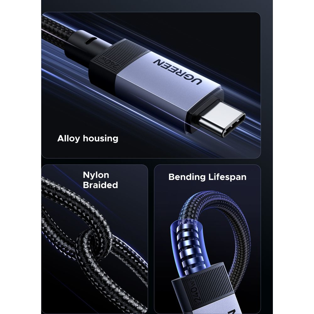 Kabel UGREEN USB-C ze srebrnym złączem, pleciony nylon, 240W.