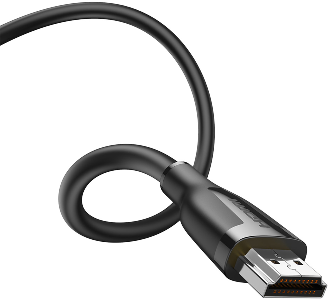Czarny kabel HDMI z jednym złączem, na białym tle.