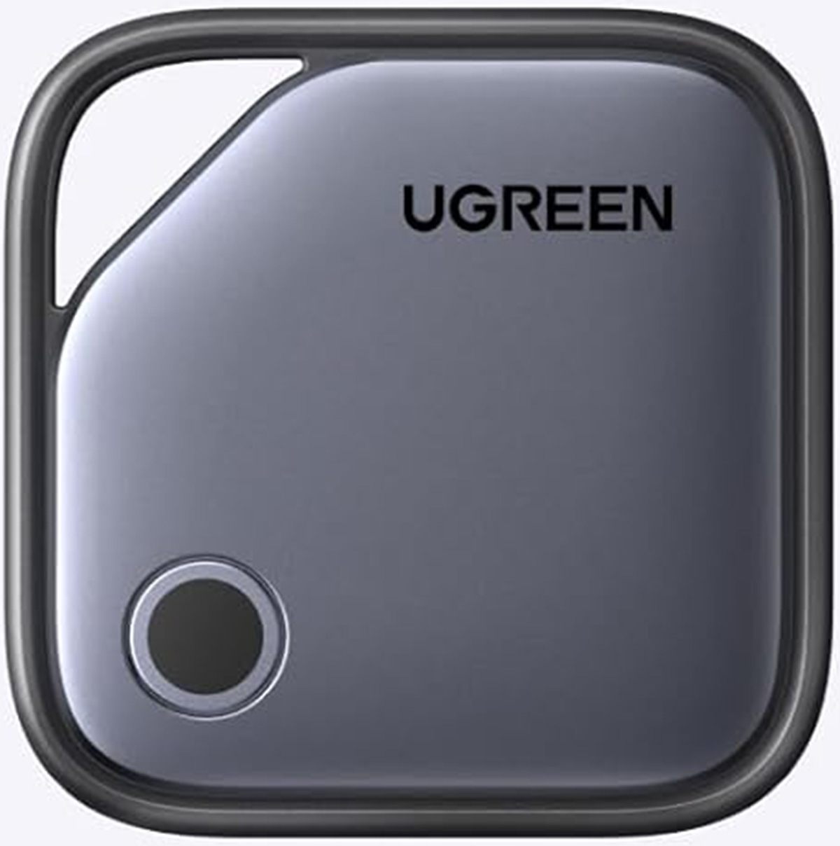 Szare urządzenie UGREEN z otworem na brelok i czarnym kółkiem.