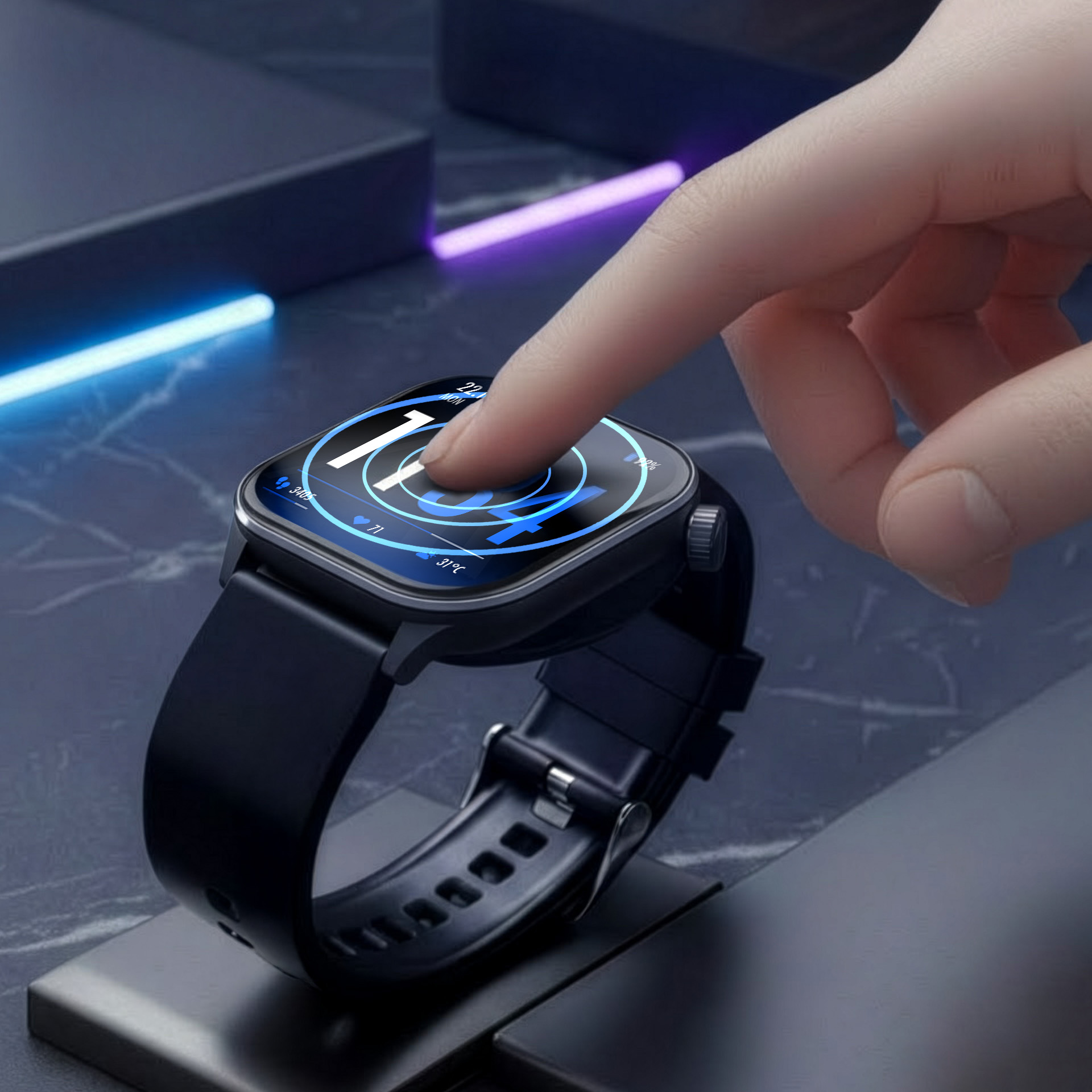 Palec dotyka czarnego ekranu smartwatcha z niebieskimi odczytami cyfrowymi.