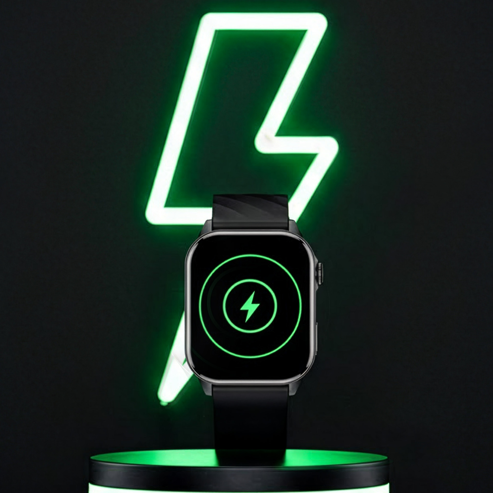 Zegarek inteligentny z ikoną ładowania przed zielonym neonem błyskawicy.