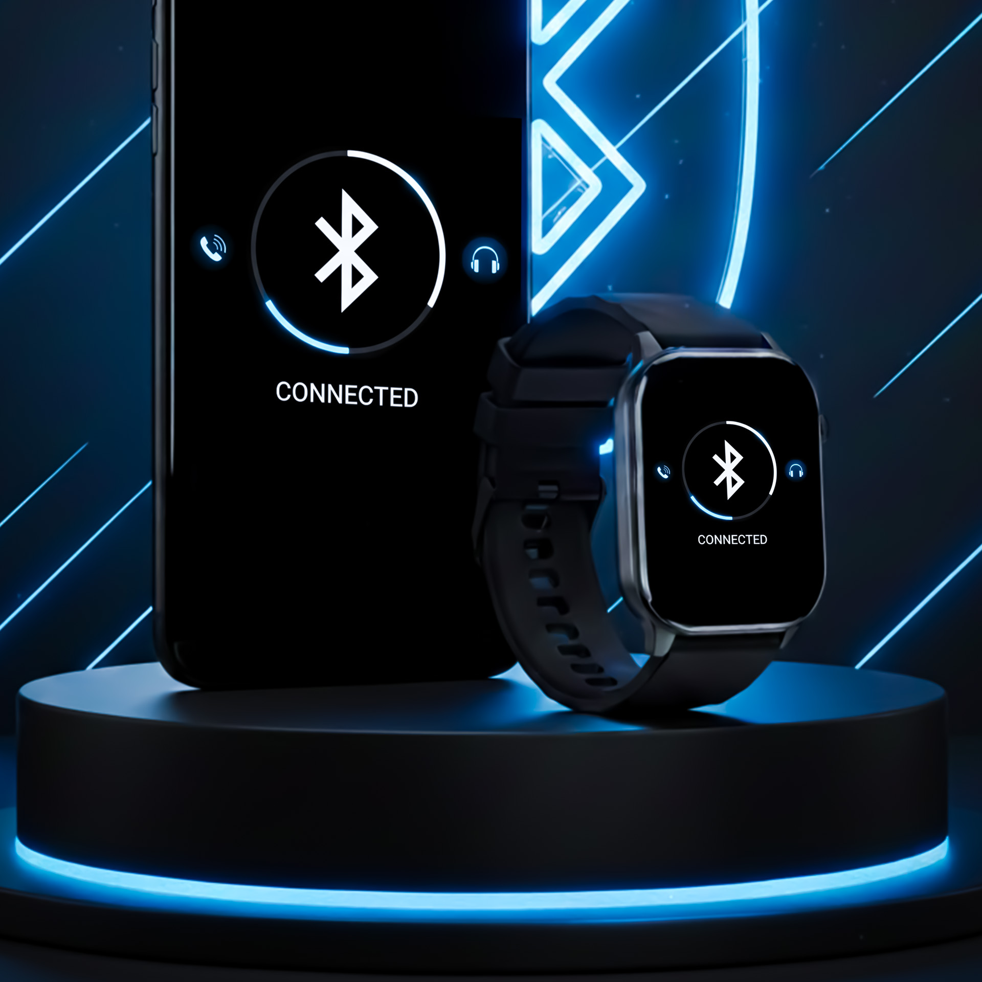 Smartfon i smartwatch z połączeniem Bluetooth na postumencie.