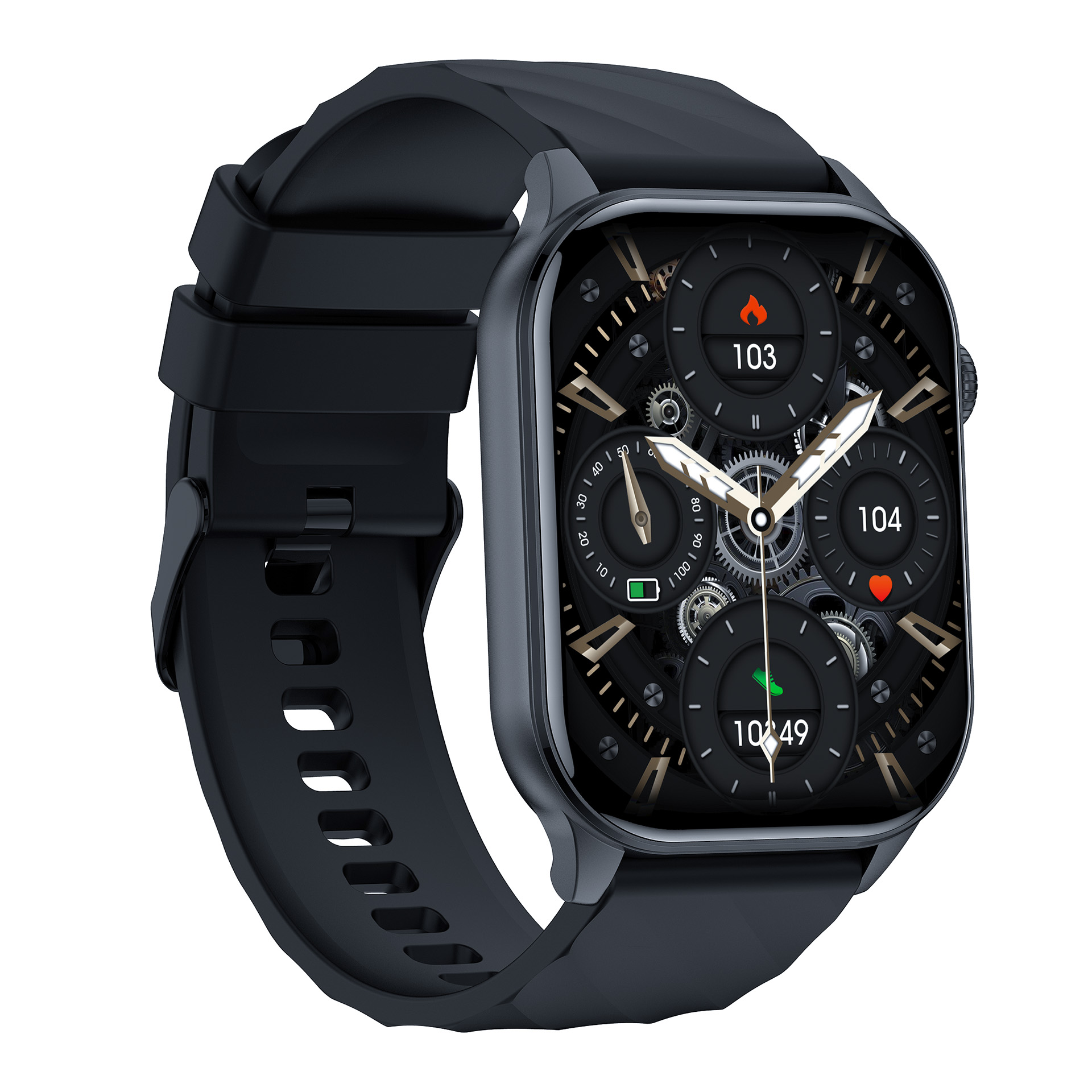 Czarny smartwatch z ciemną tarczą wyświetlającą dane zegarka, tętna i kroków.
