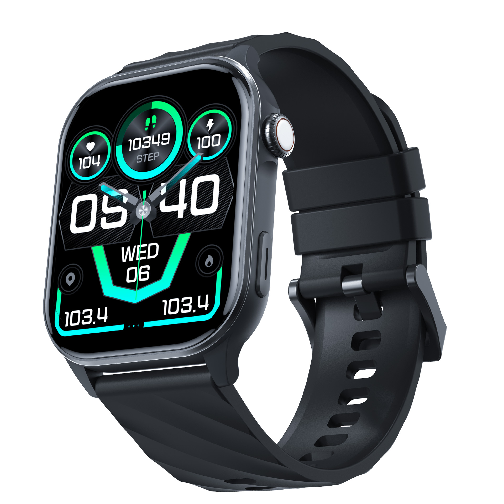 Czarny smartwatch z cyfrowym wyświetlaczem pokazującym czas, kroki i tętno.