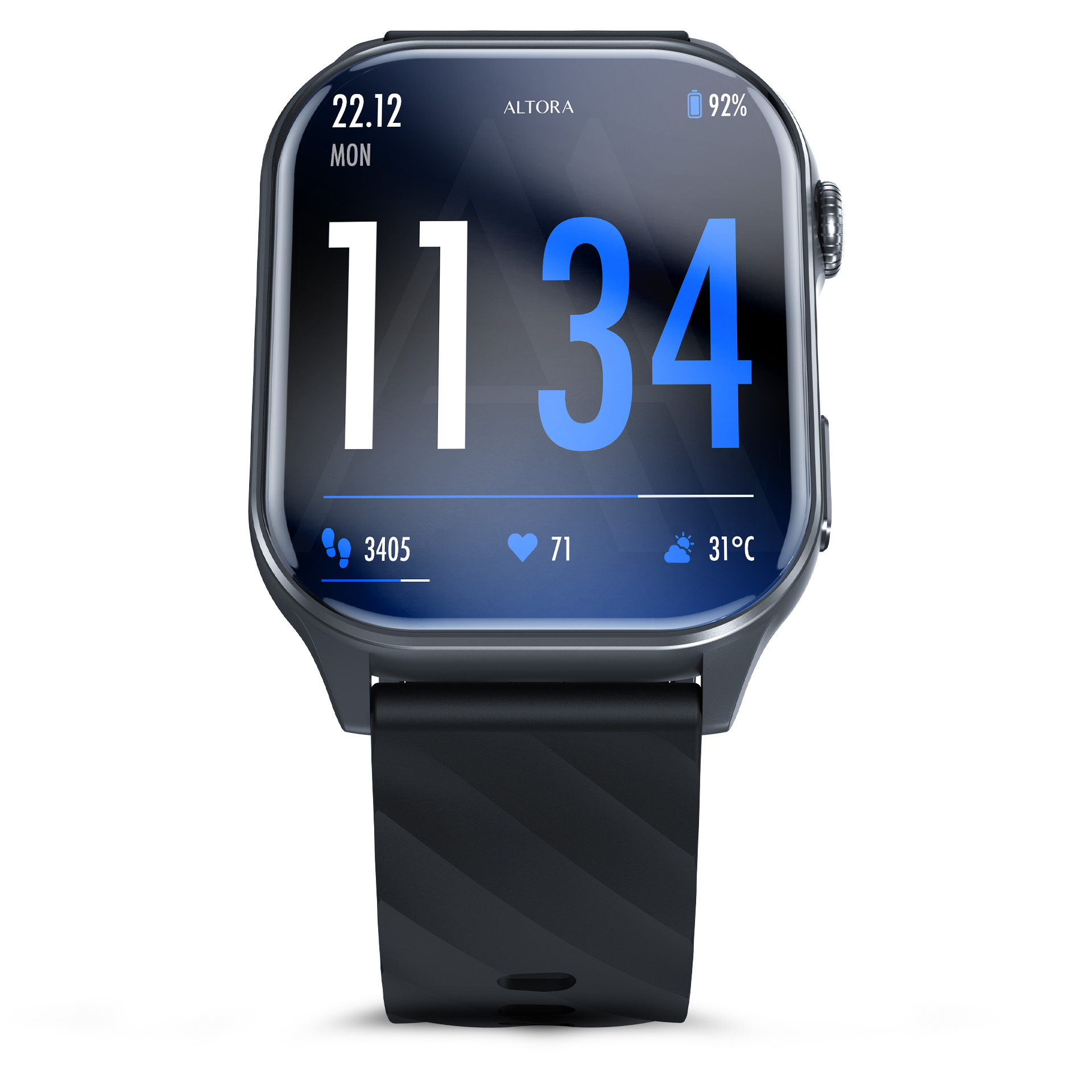 Smartwatch pokazuje 11:34, 3405 kroków, 71 uderzeń, 31°C.