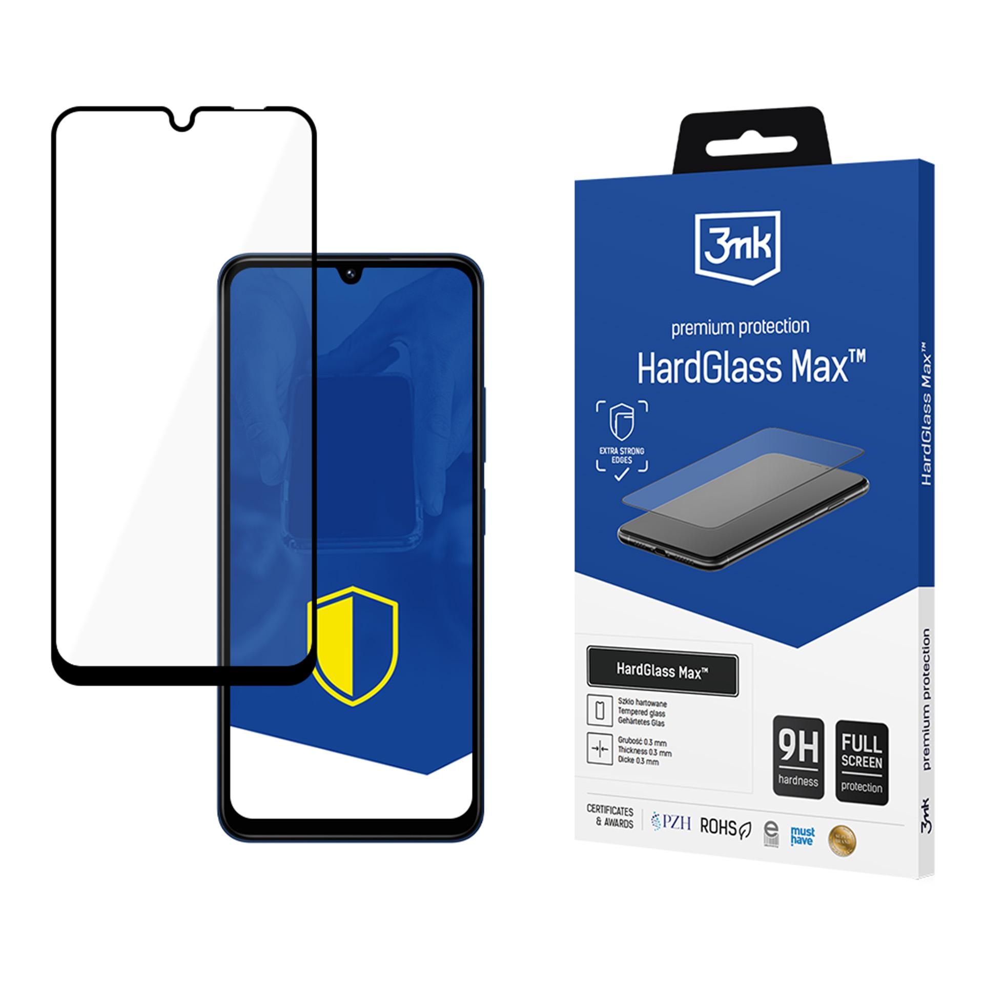 Una protezione per schermo per smartphone e la sua confezione. Blu e bianco.